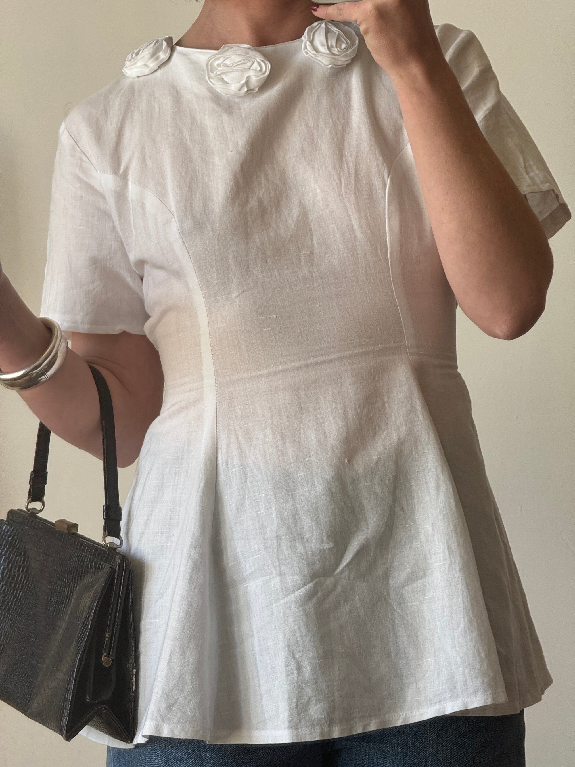 Vintage 80s Linen Blend Tie Back Tunic Top with Rosettes