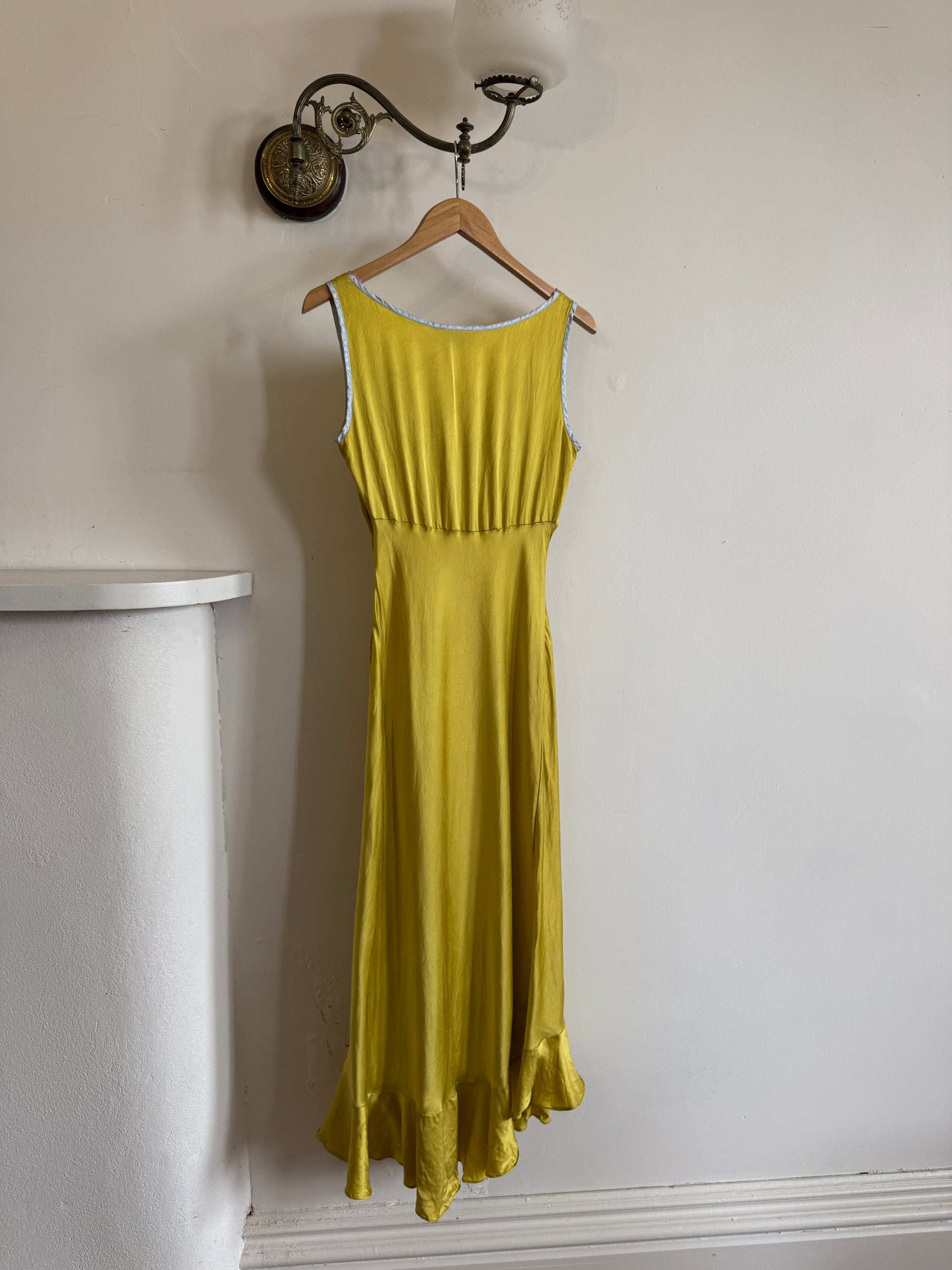 Vintage 90s Pure Silk Bias Midi Dress Chartreuse Multi