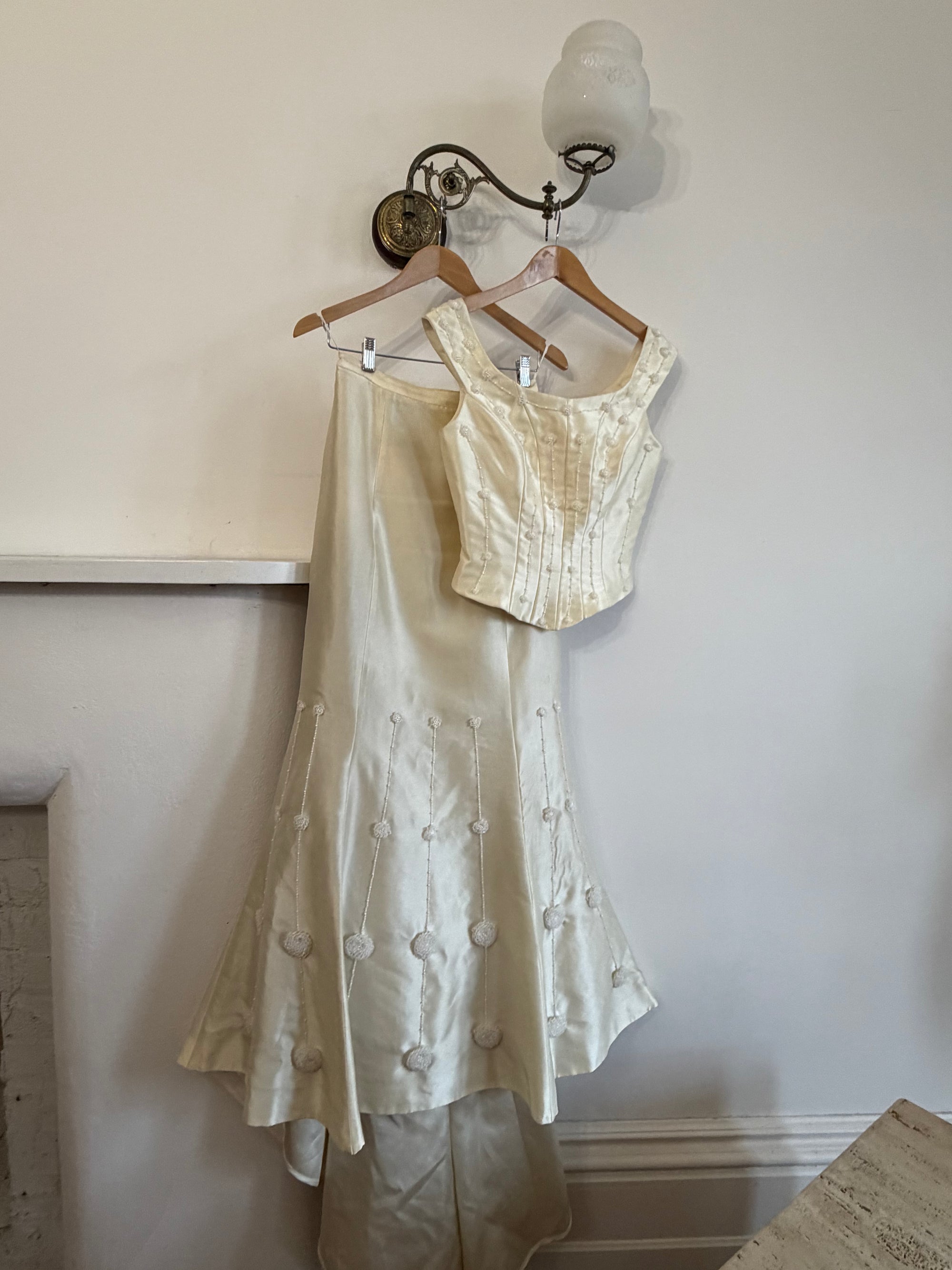 Vintage 90s Italian Two Piece Off Shoulder Beaded Rosette Wedding Set