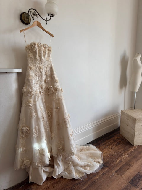 Vintage 90s Haute Couture 3D Floral Strapless Wedding Gown