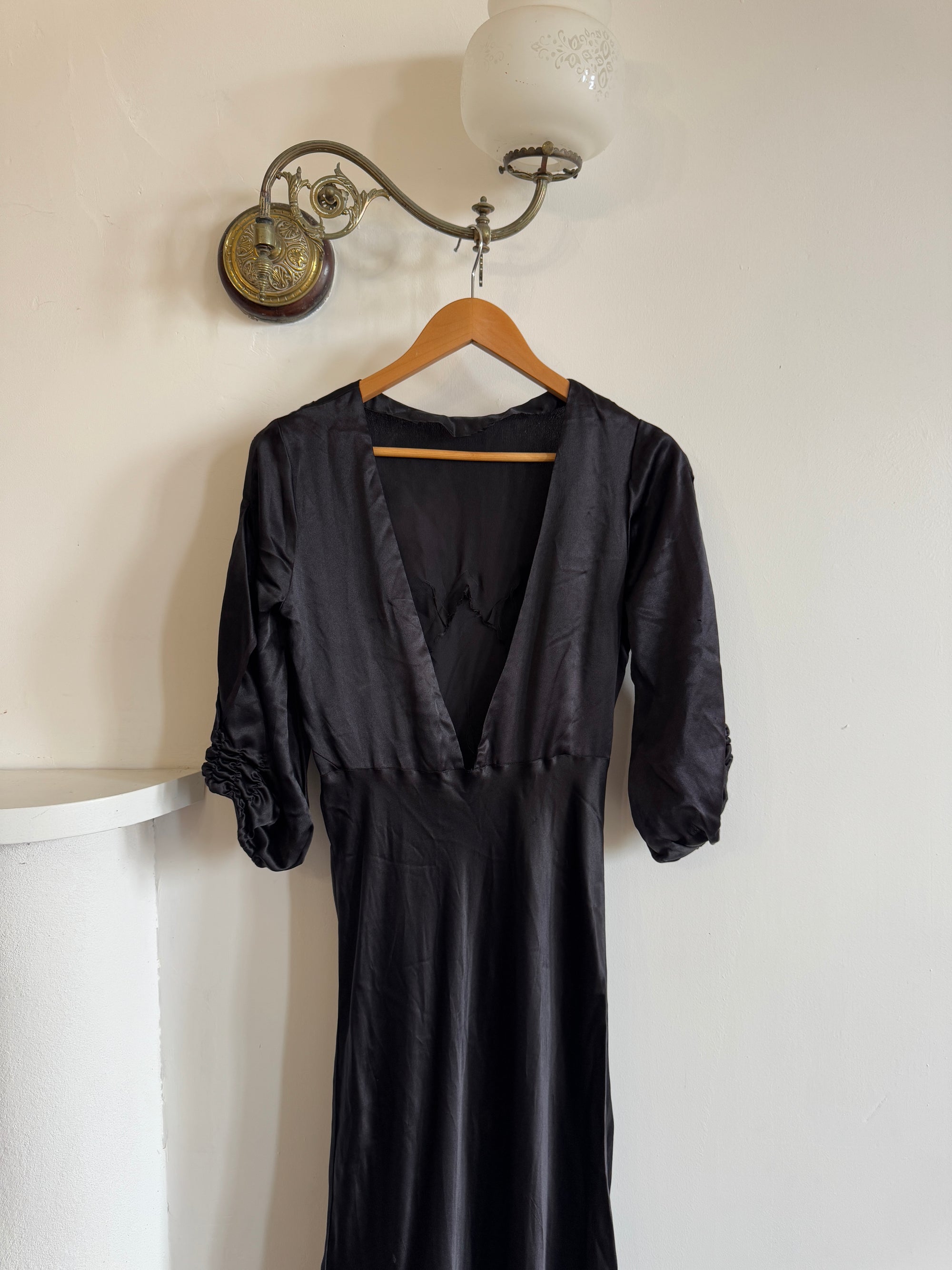Vintage 30s Black Satin Backless ZigZag Fishtail Dress