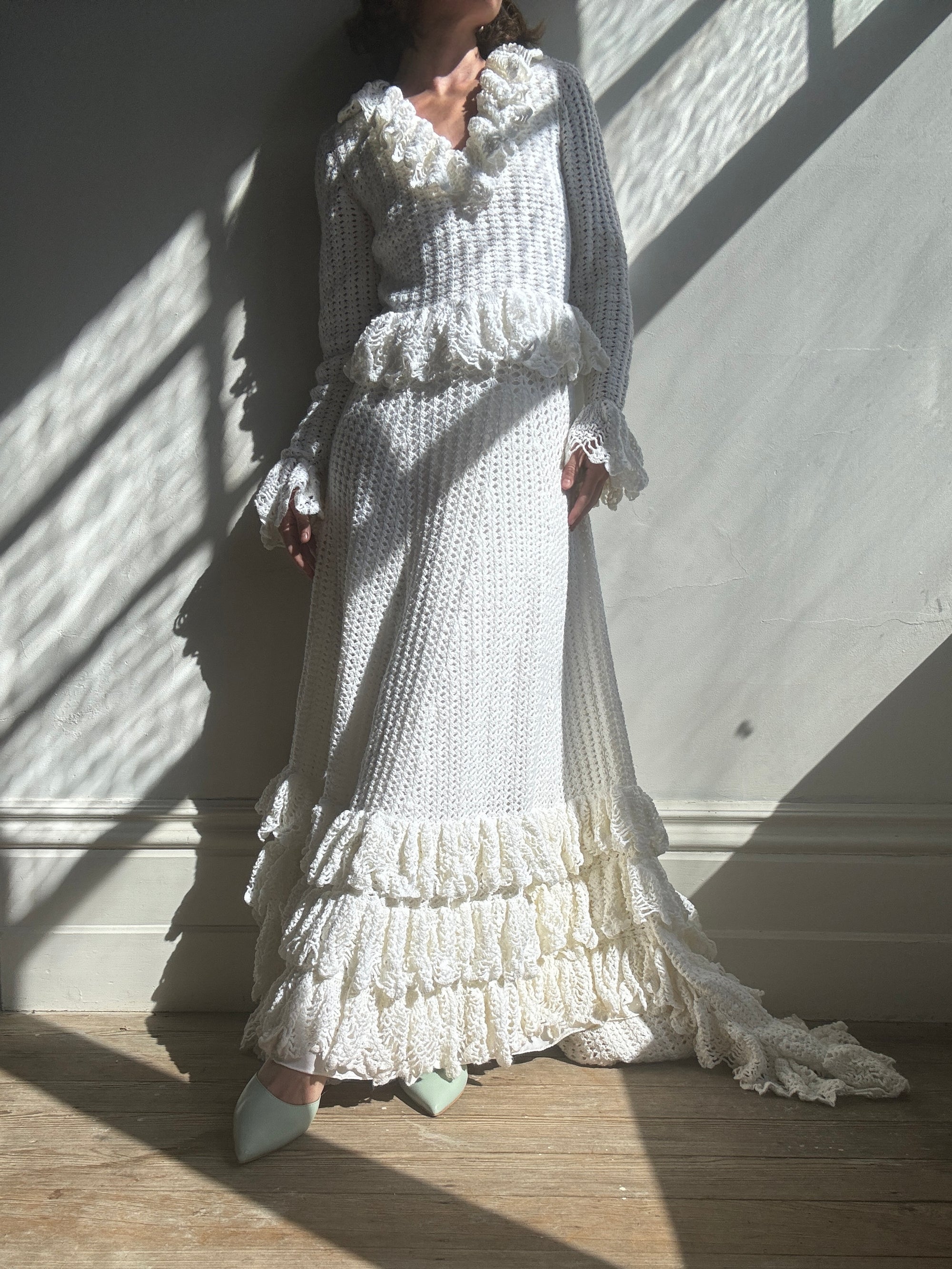 Vintage 1970s Crochet Ruffle Couture Wedding Gown
