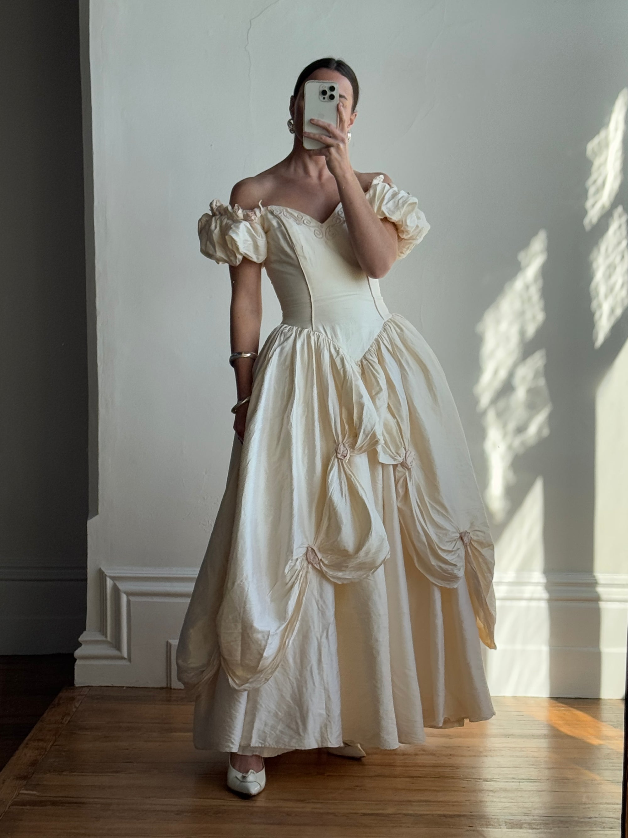 Vintage 90s Pure Silk Renaissance Basque Waist Wedding Gown