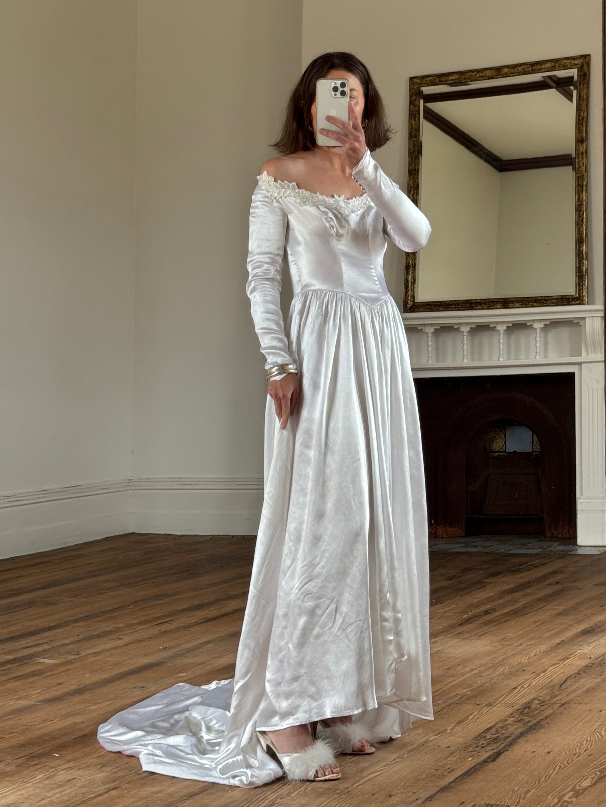 Vintage 50s Liquid Satin Scoop Applique Wedding Gown