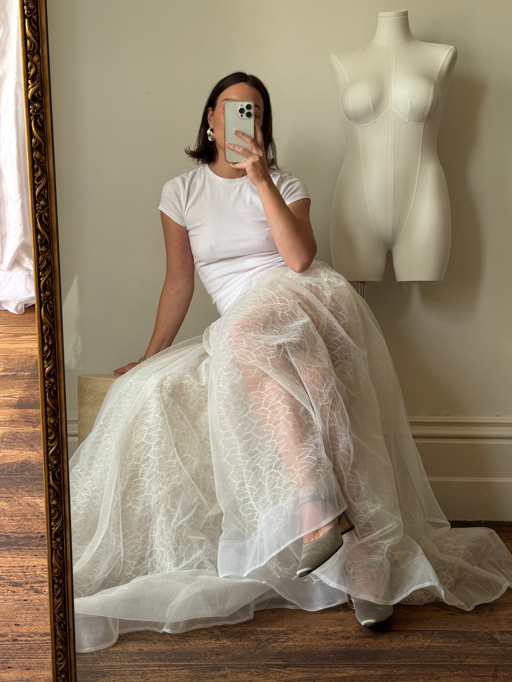 Vintage 80s Sheer Organza Webbed Lace Bridal Skirt