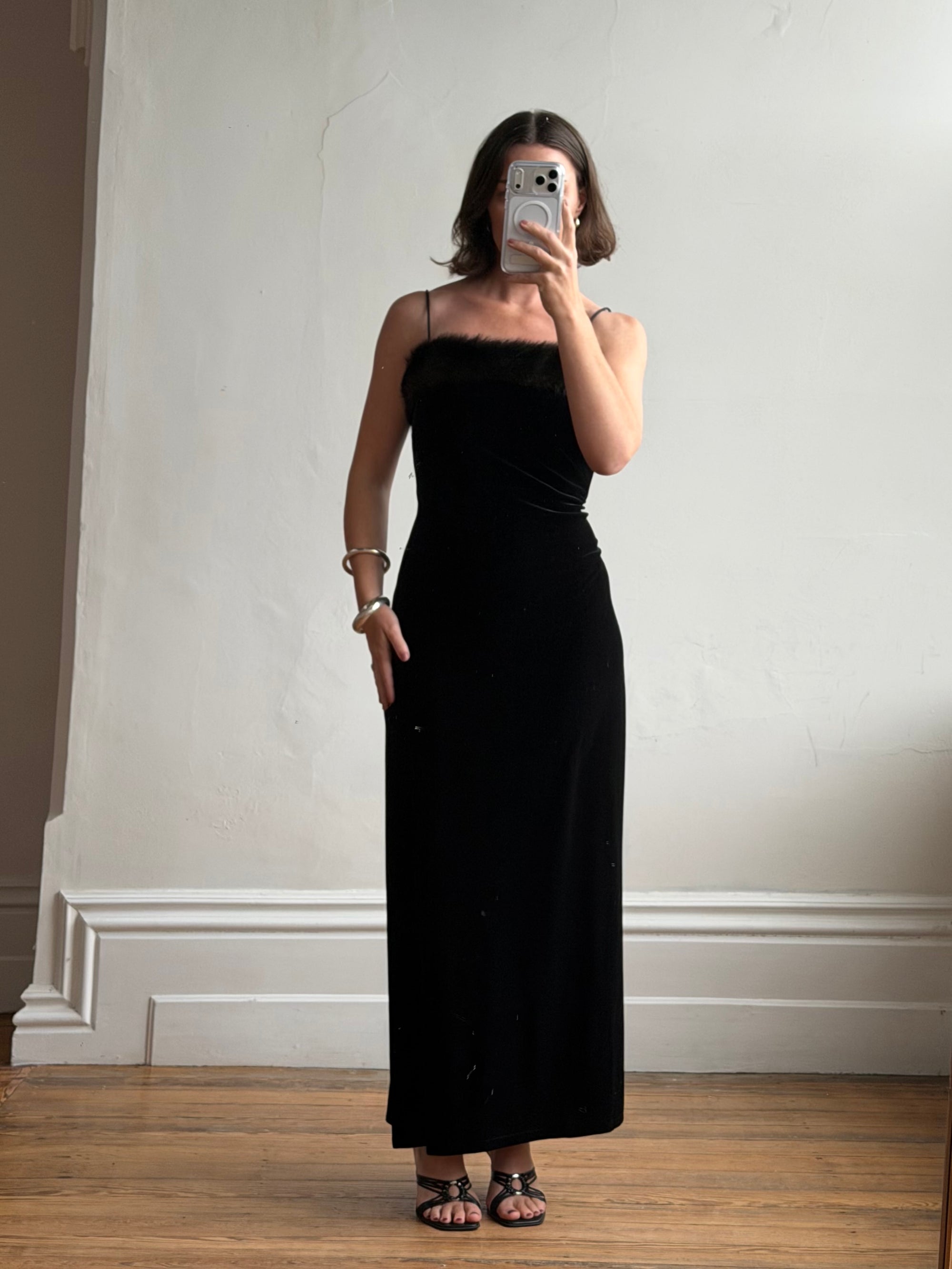 Vintage 90s Velvet Bodycon Maxi Dress with Fur Trim