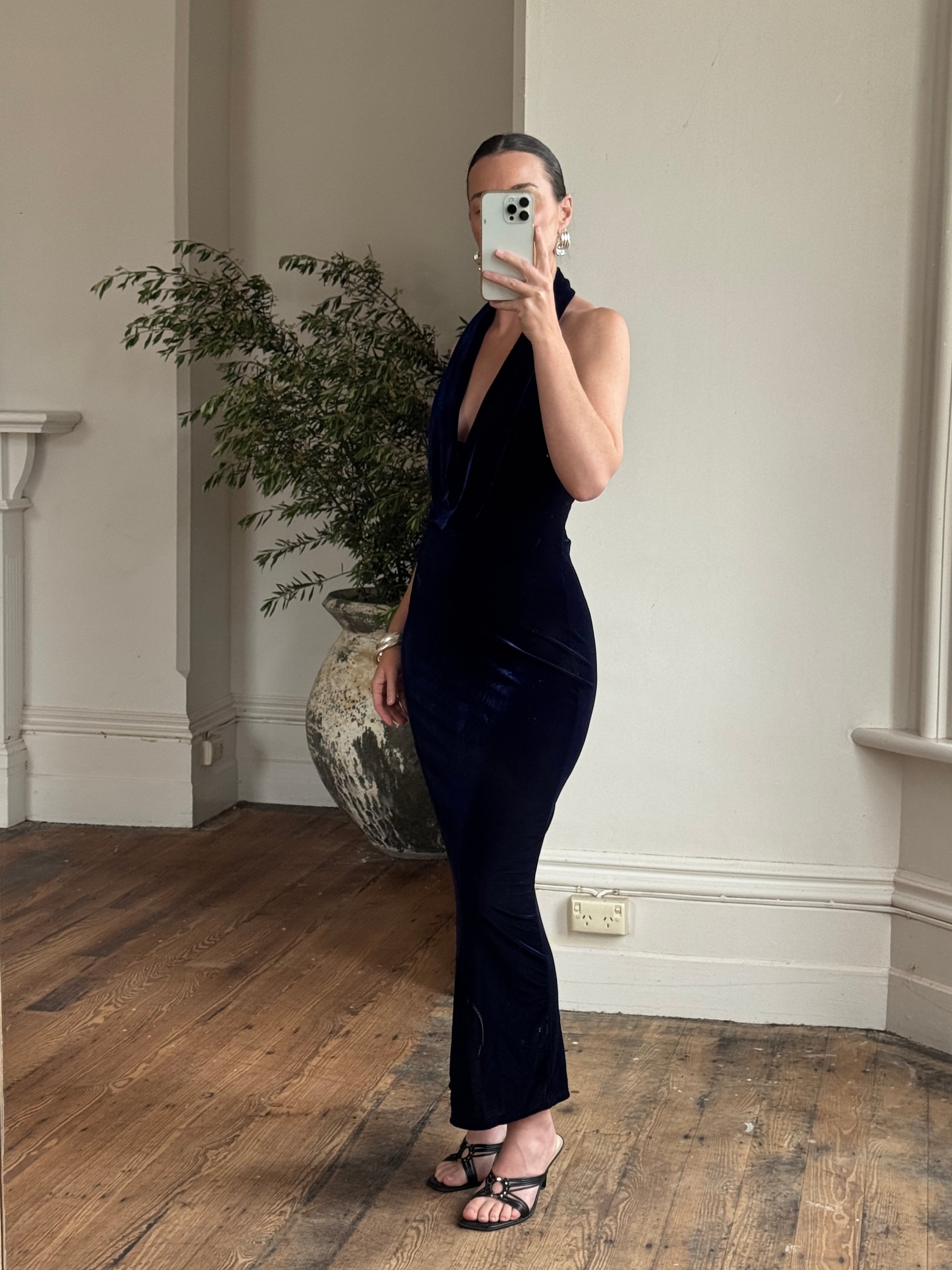 Vintage 90s Plunging Navy Velvet Bodycon Dress with Silver Hardware