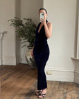 Vintage 90s Plunging Navy Velvet Bodycon Dress with Silver Hardware