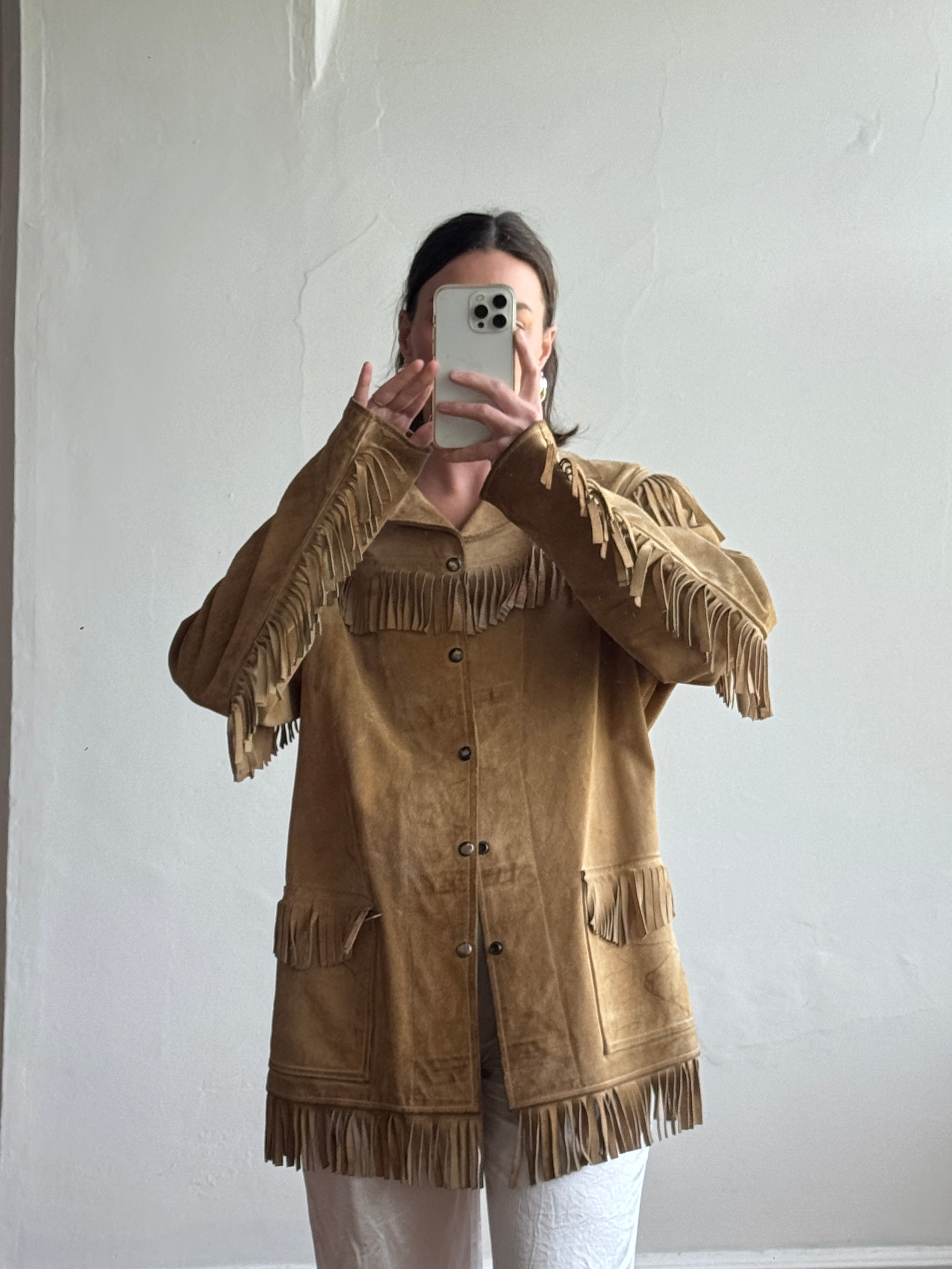Vintage 70s Western Fringe Suede Leather Jacket Tan