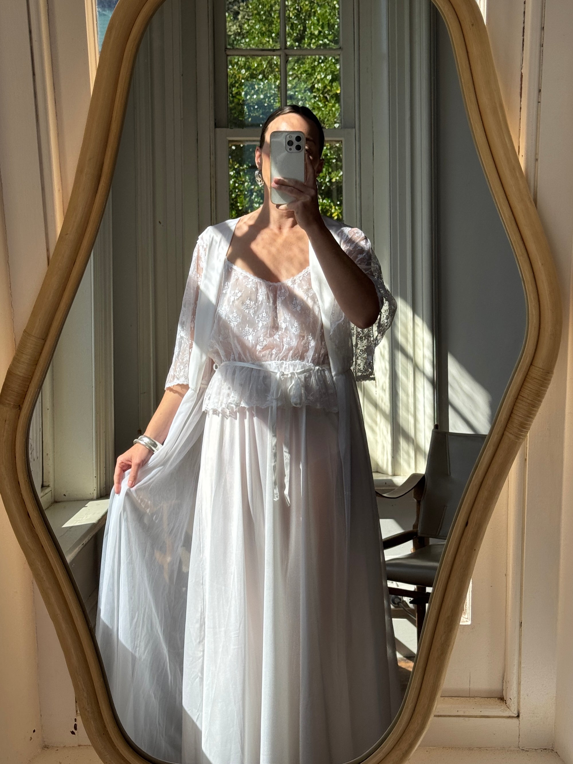 Vintage 80s Lace Peignoir and Slip Set