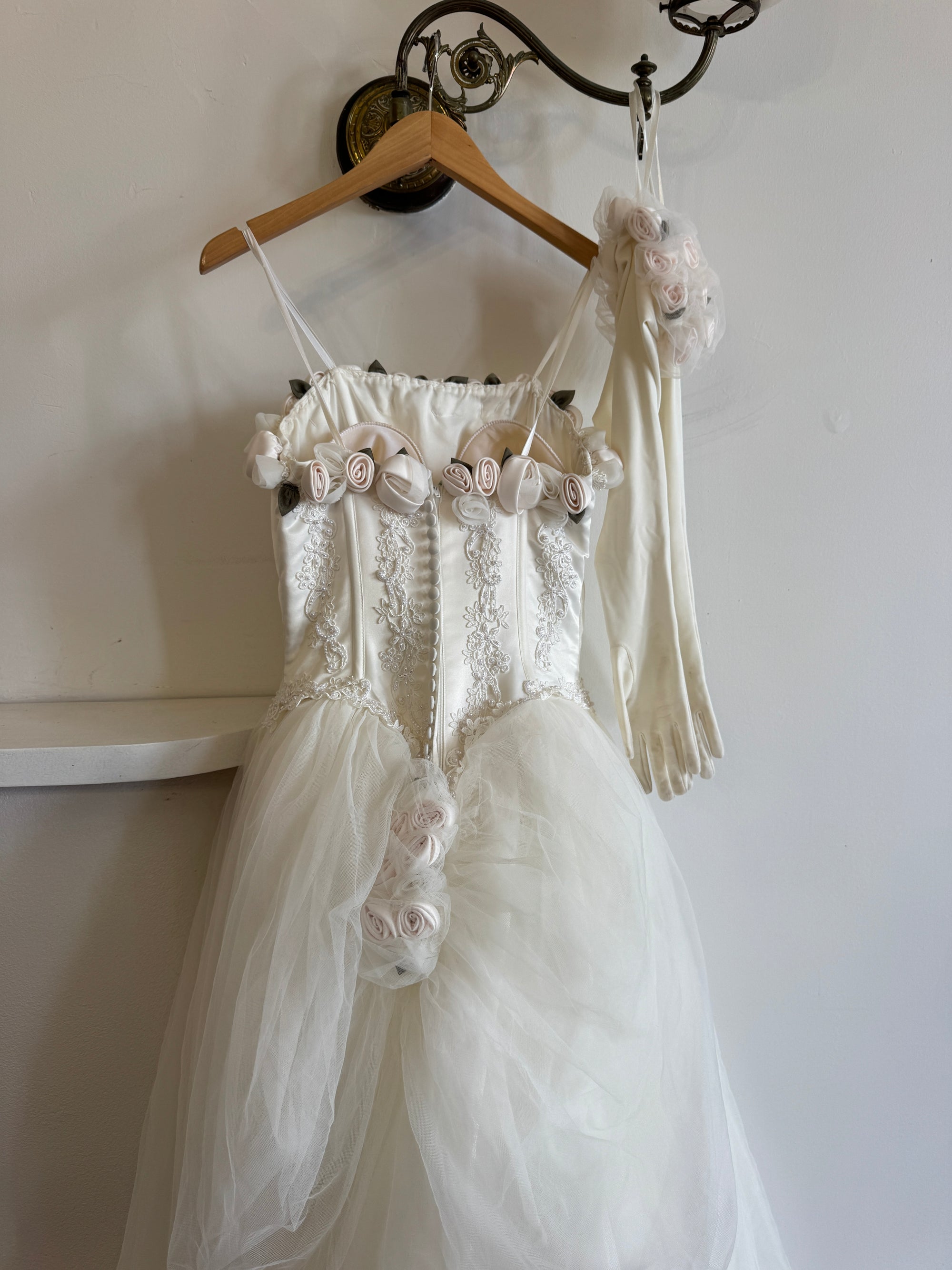 Vintage 90s Rosette Tulle Princess Wedding Gown with Gloves