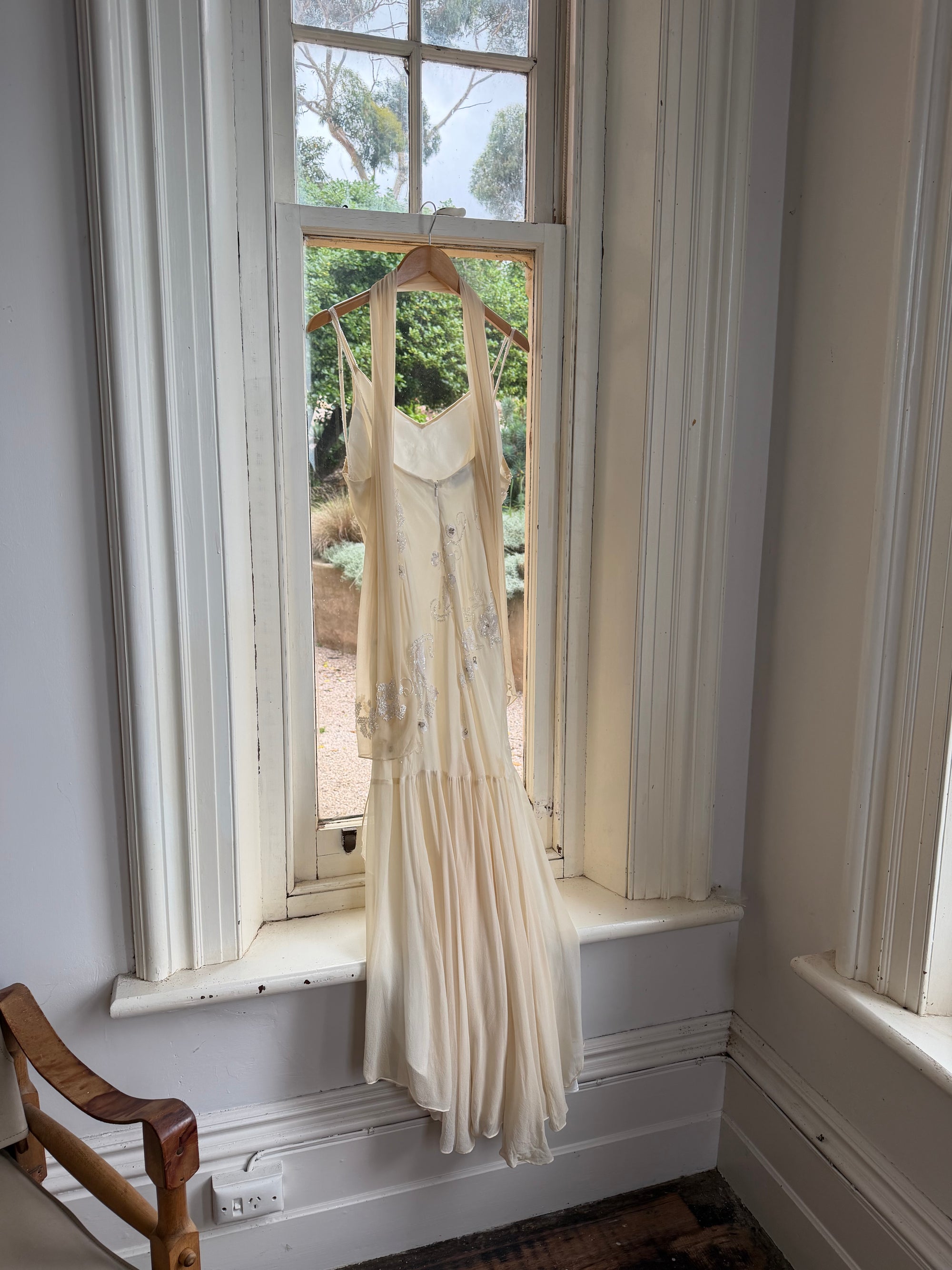 Vintage 90s Pure Silk Embellished Midi Dress With Scarf Creme