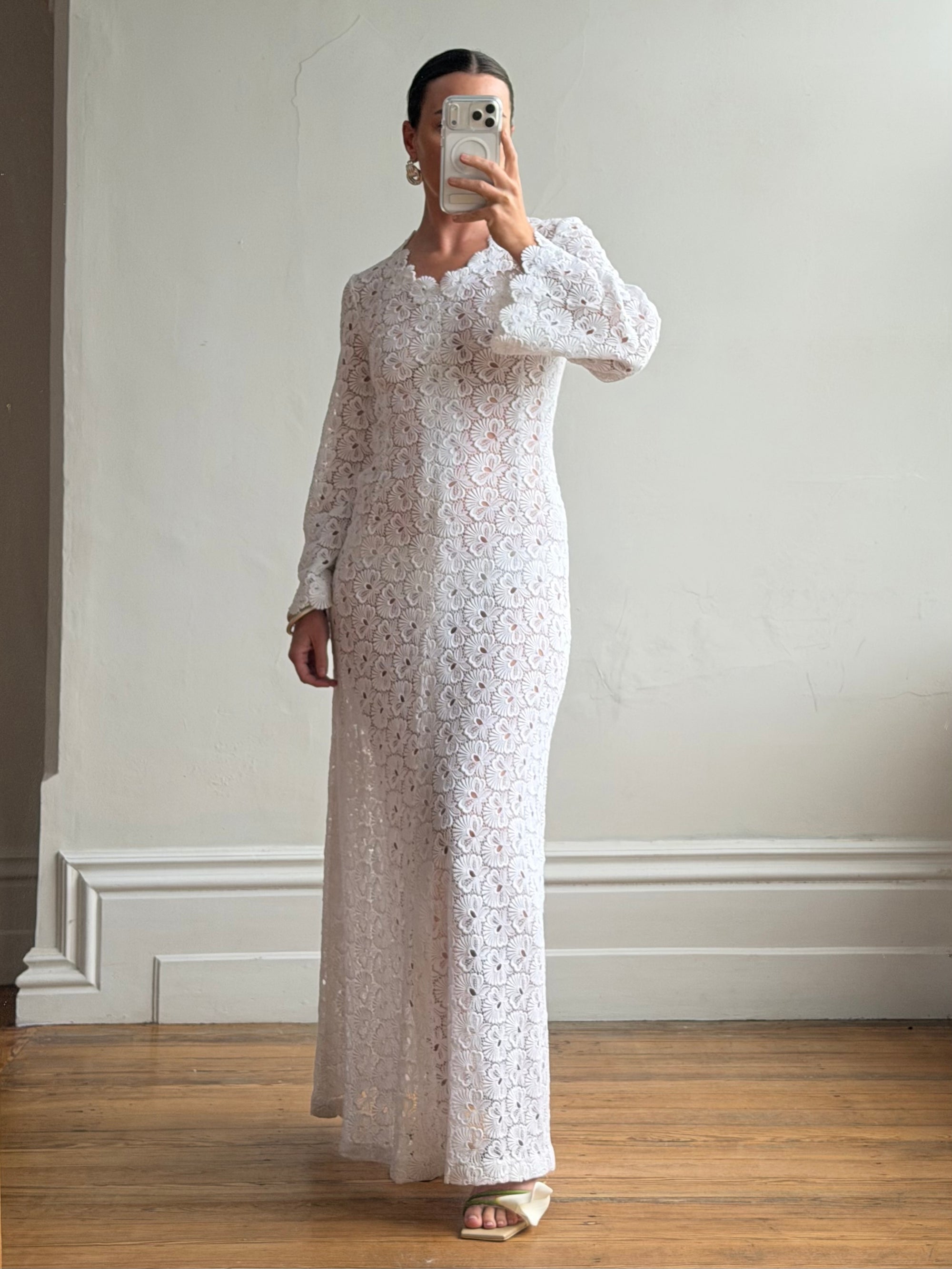 Vintage 60s Crochet Lace Long Sleeved Wedding Gown