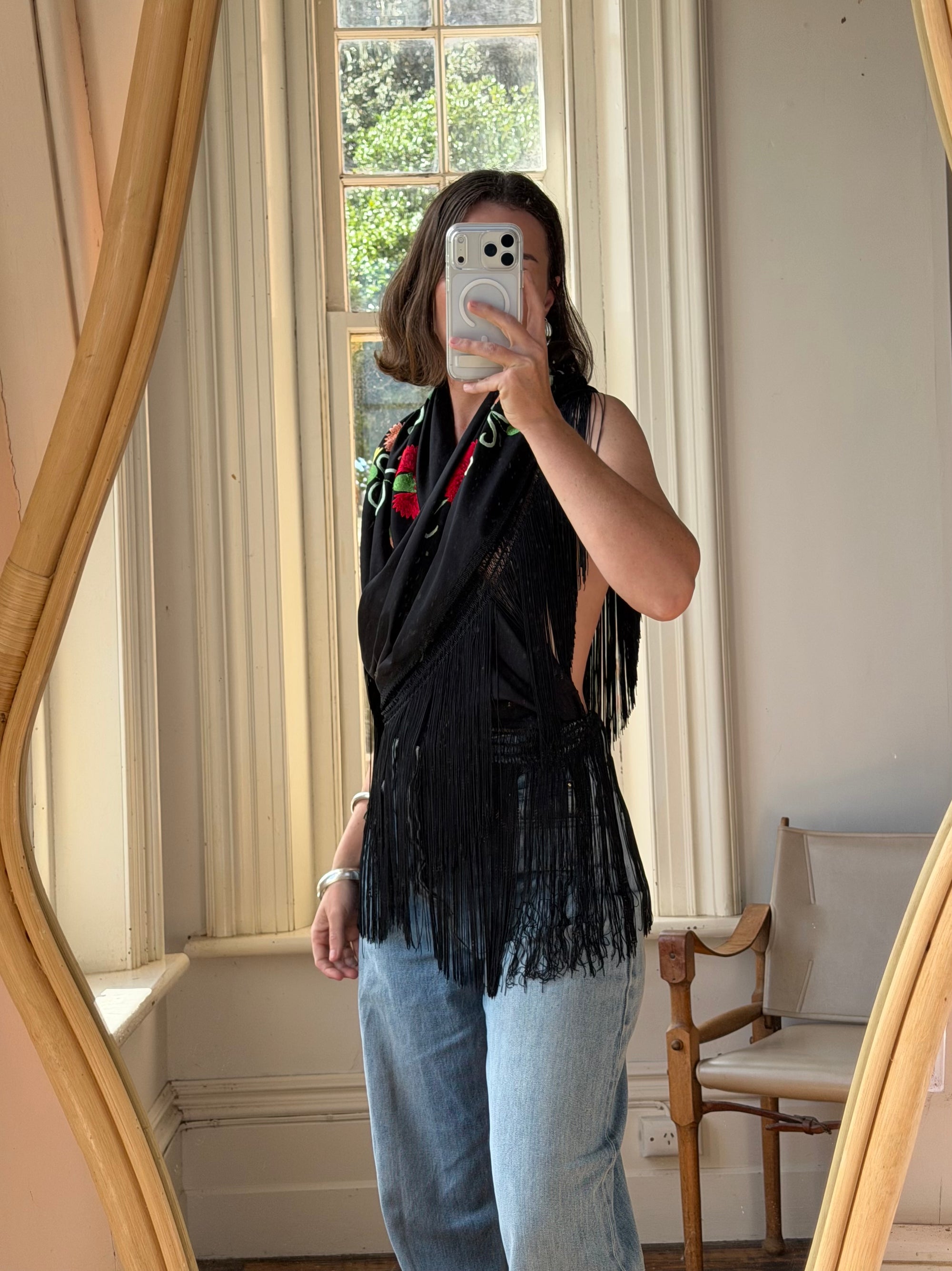 Vintage Embroidered Large Spanish Flamenco Scarf Noir