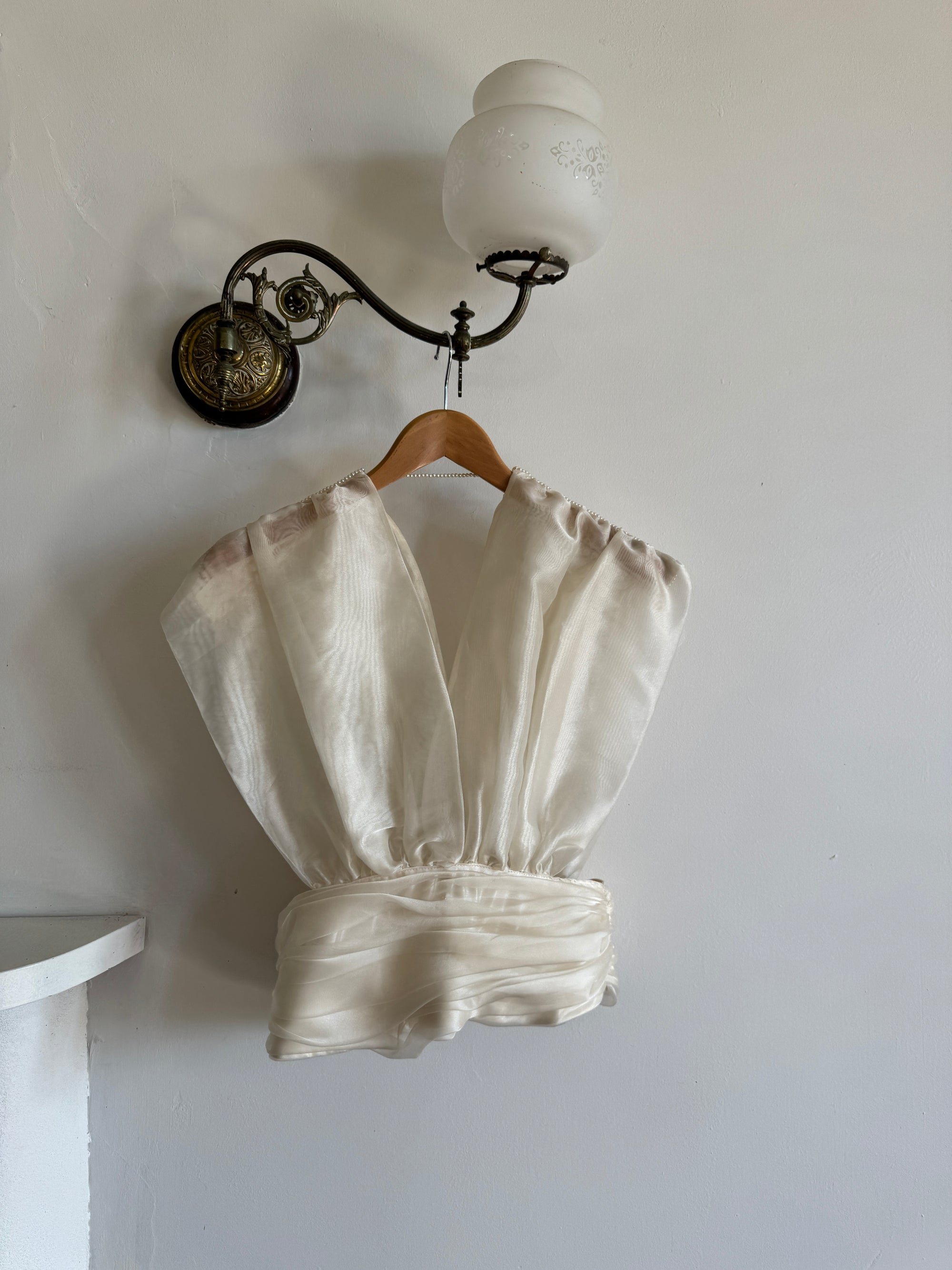 Vintage Y2K Organza V Neck Pearl Embellished Top Creme