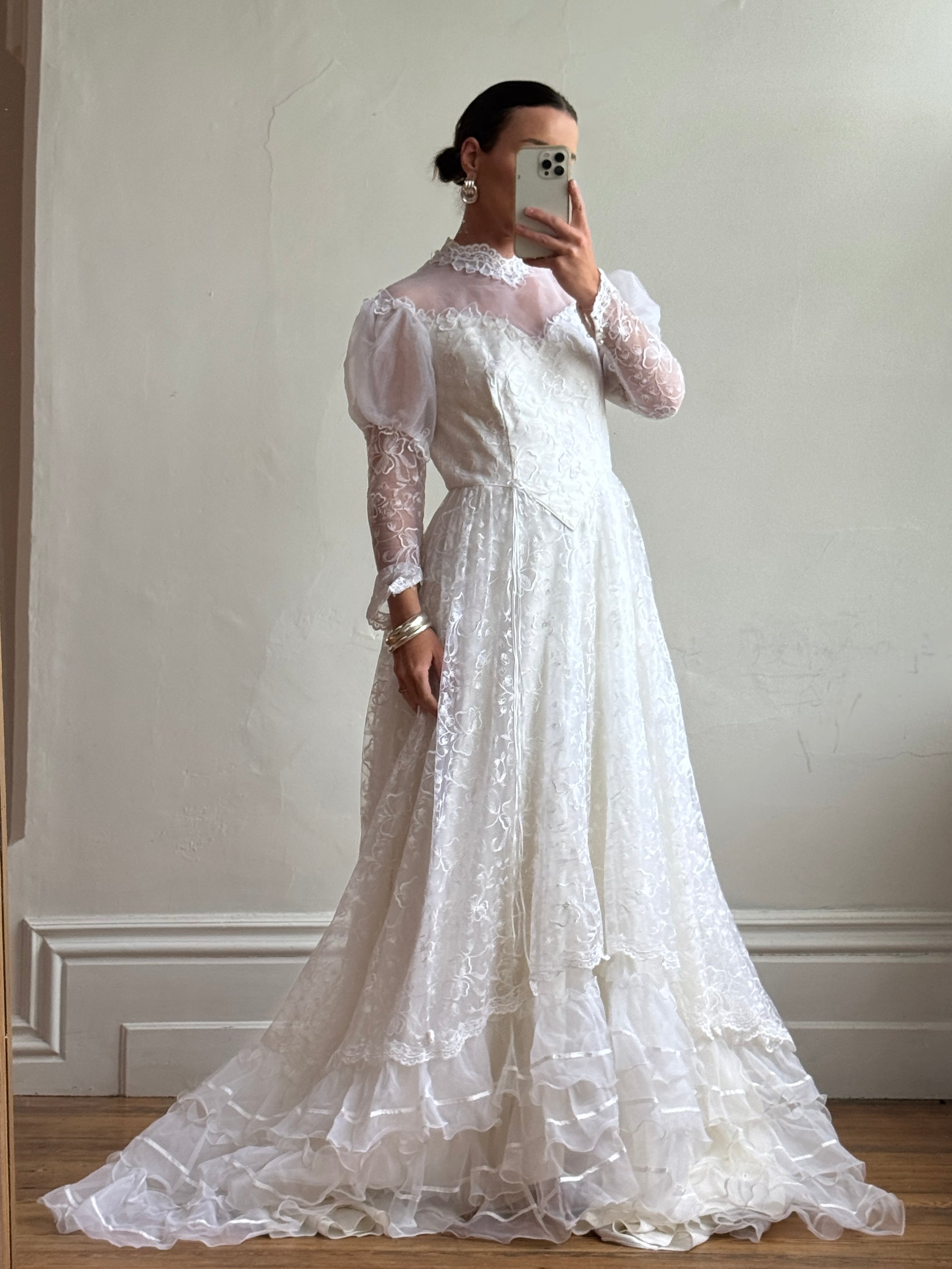 Vintage 70s Puff Sleeve Organza Ruffle Wedding Gown