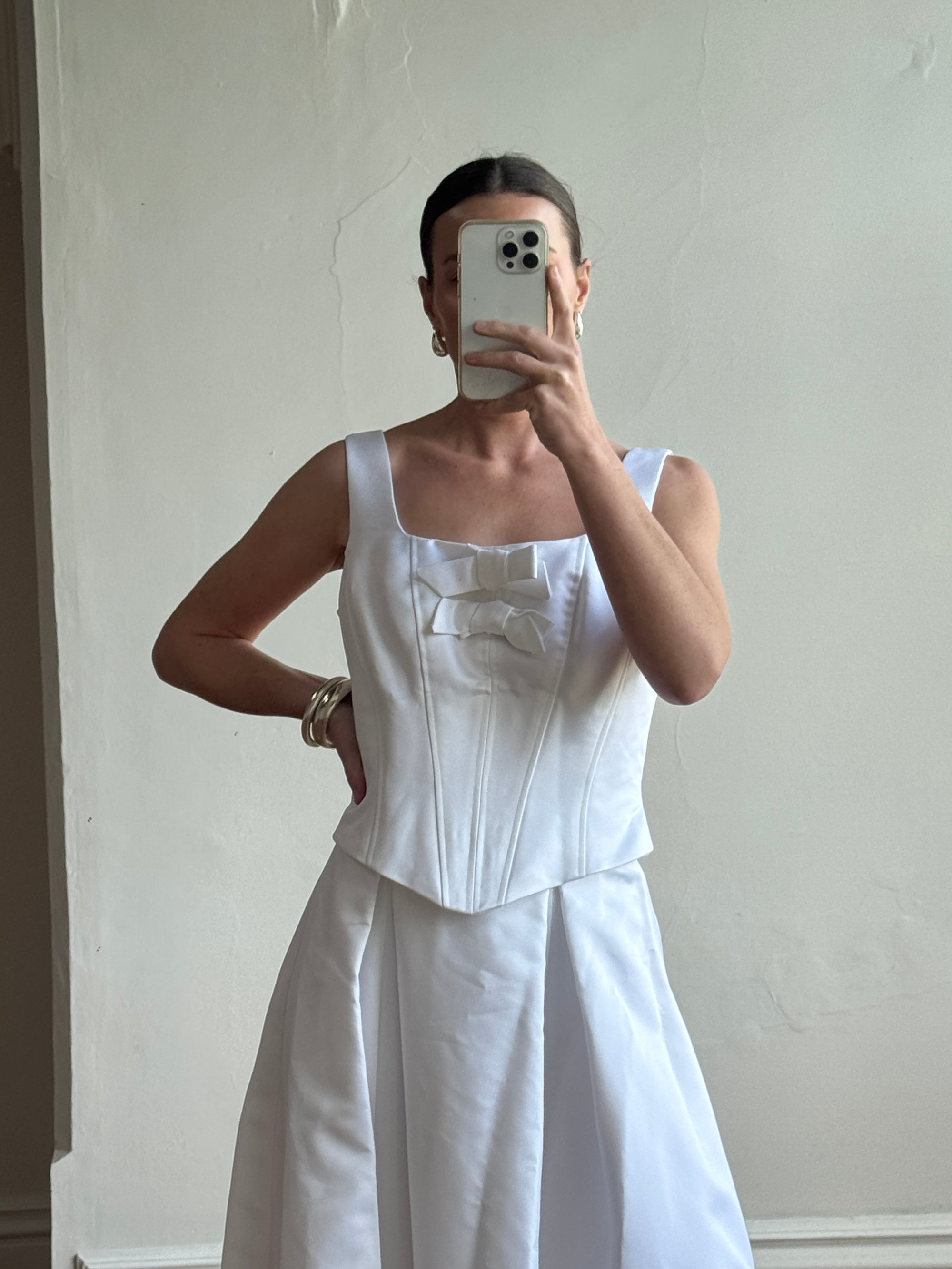 Vintage 90s White Satin Double Bow Two Piece Wedding Gown