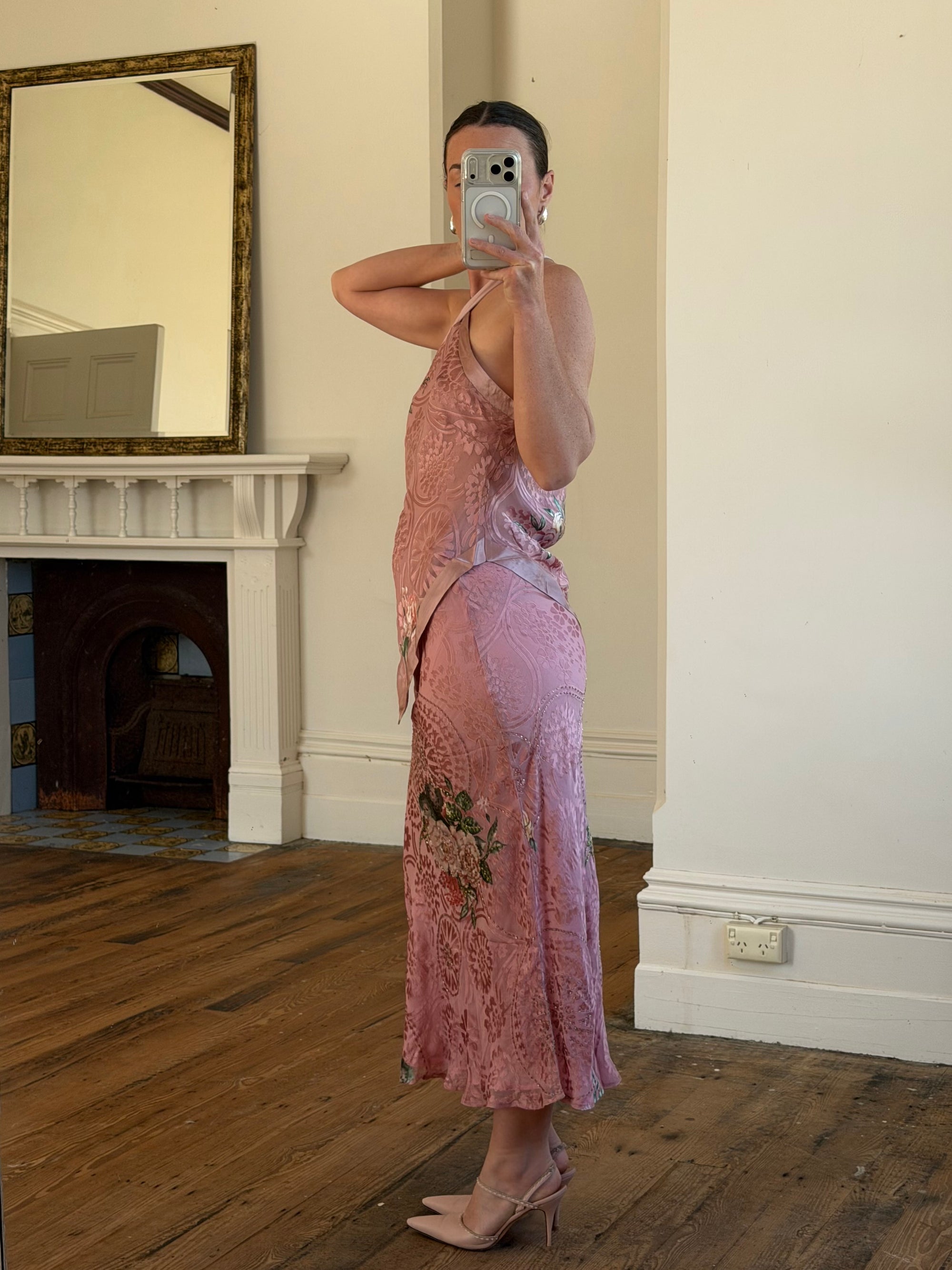 Vintage 90s Dusty Rose Floral Silk Halter Scarf Top and Skirt Set