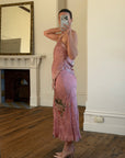 Vintage 90s Dusty Rose Floral Silk Halter Scarf Top and Skirt Set