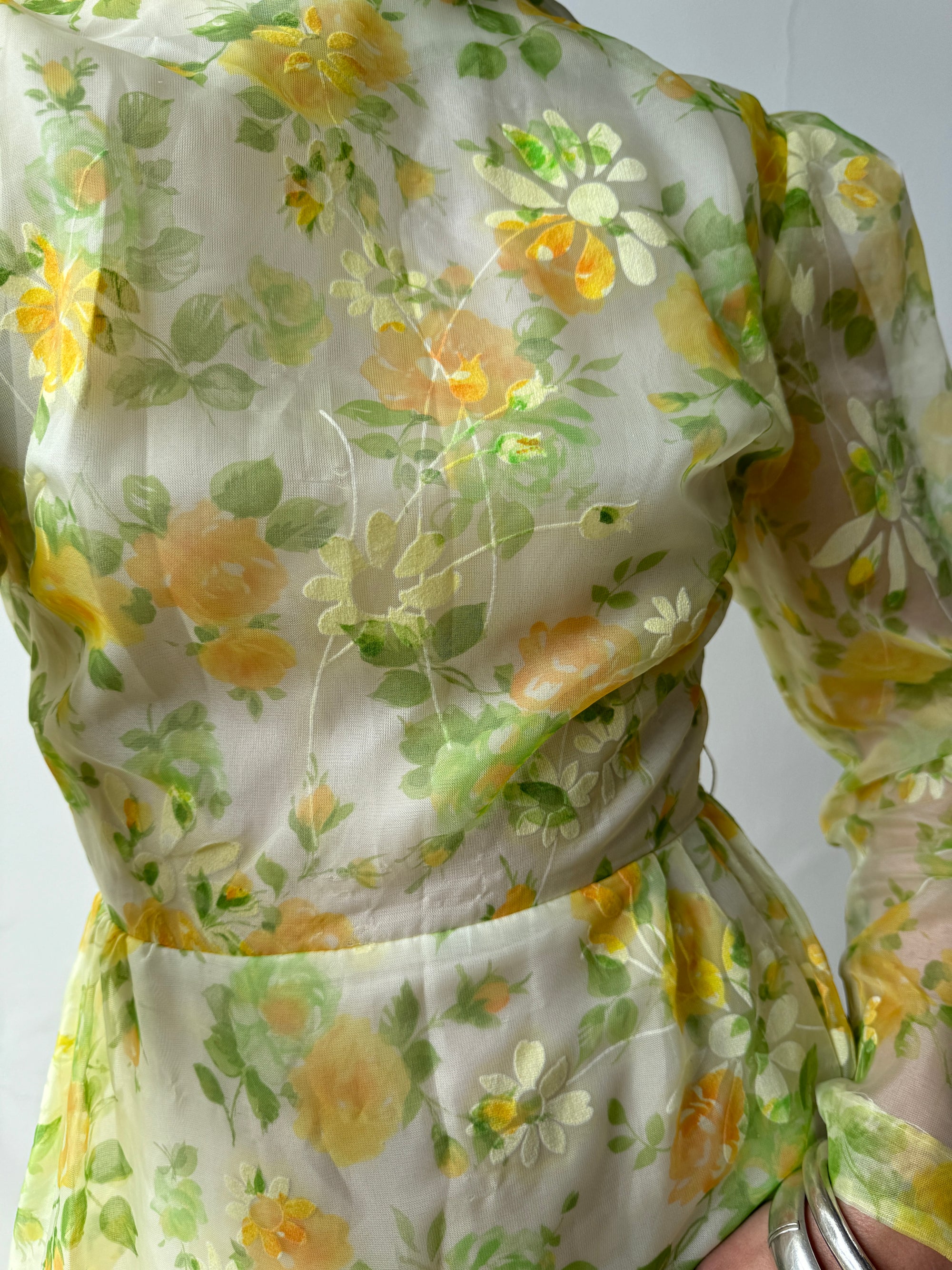 Vintage 70s Lemon Floral Tiered Maxi Dress