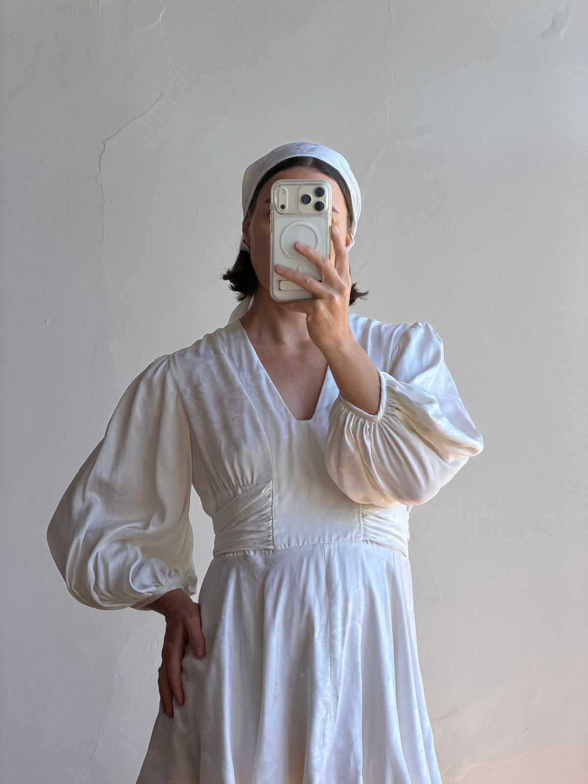 Vintage 70s Satin Jacquard Poet Sleeve Mini Dress
