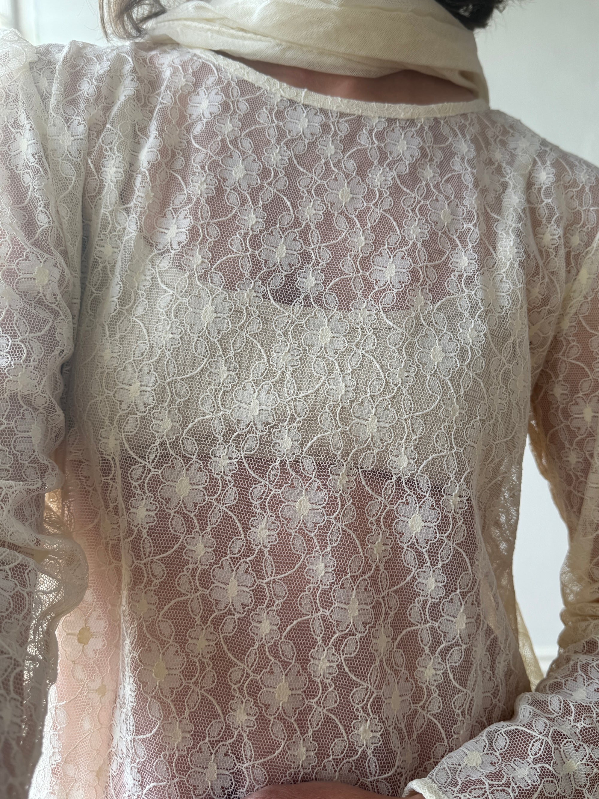 Vintage 80s Creme Lace Shift Wedding Dress With Scarf