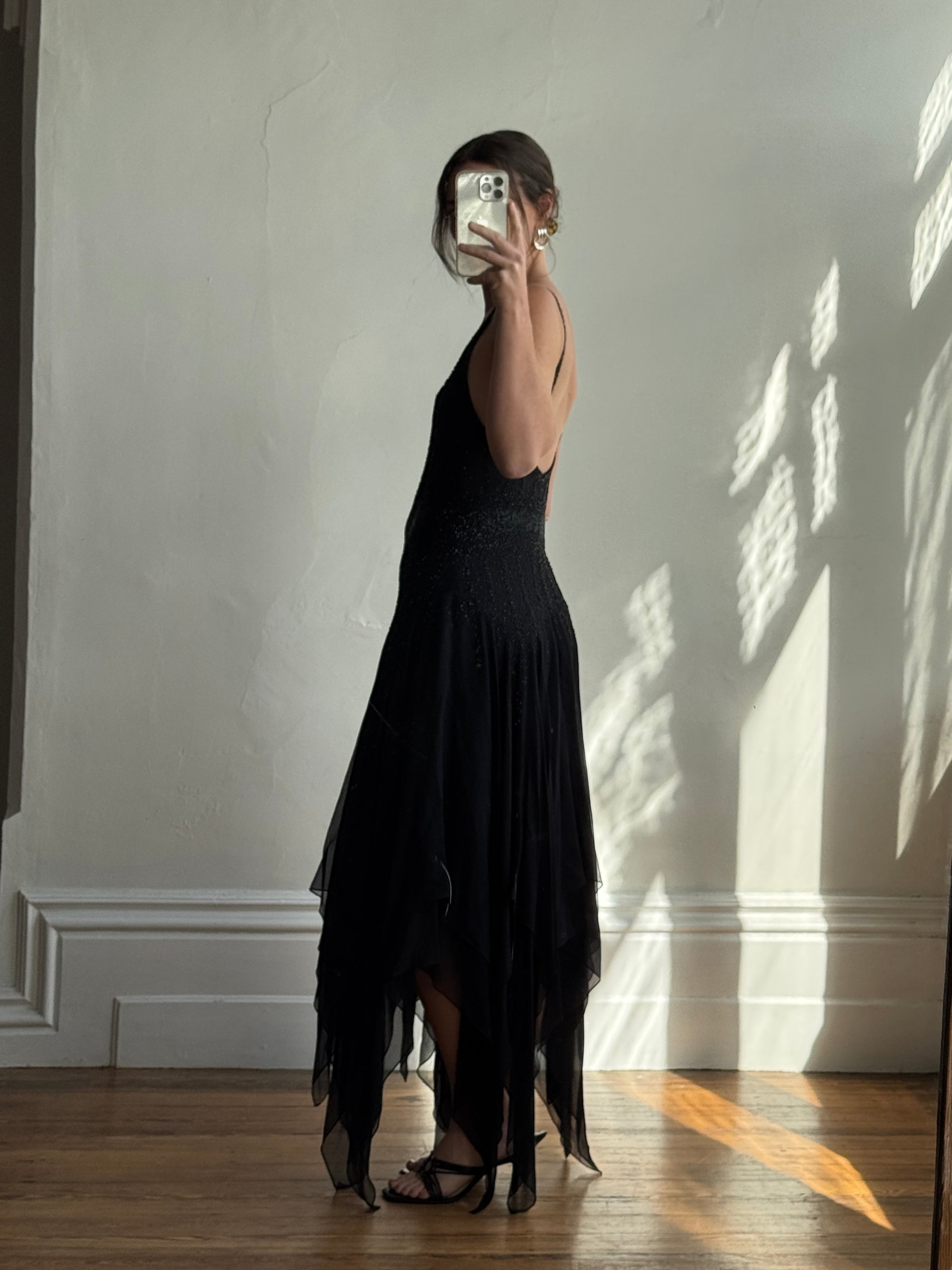 Vintage 90s Pure Silk Backless Beaded Fairy Dress Noir