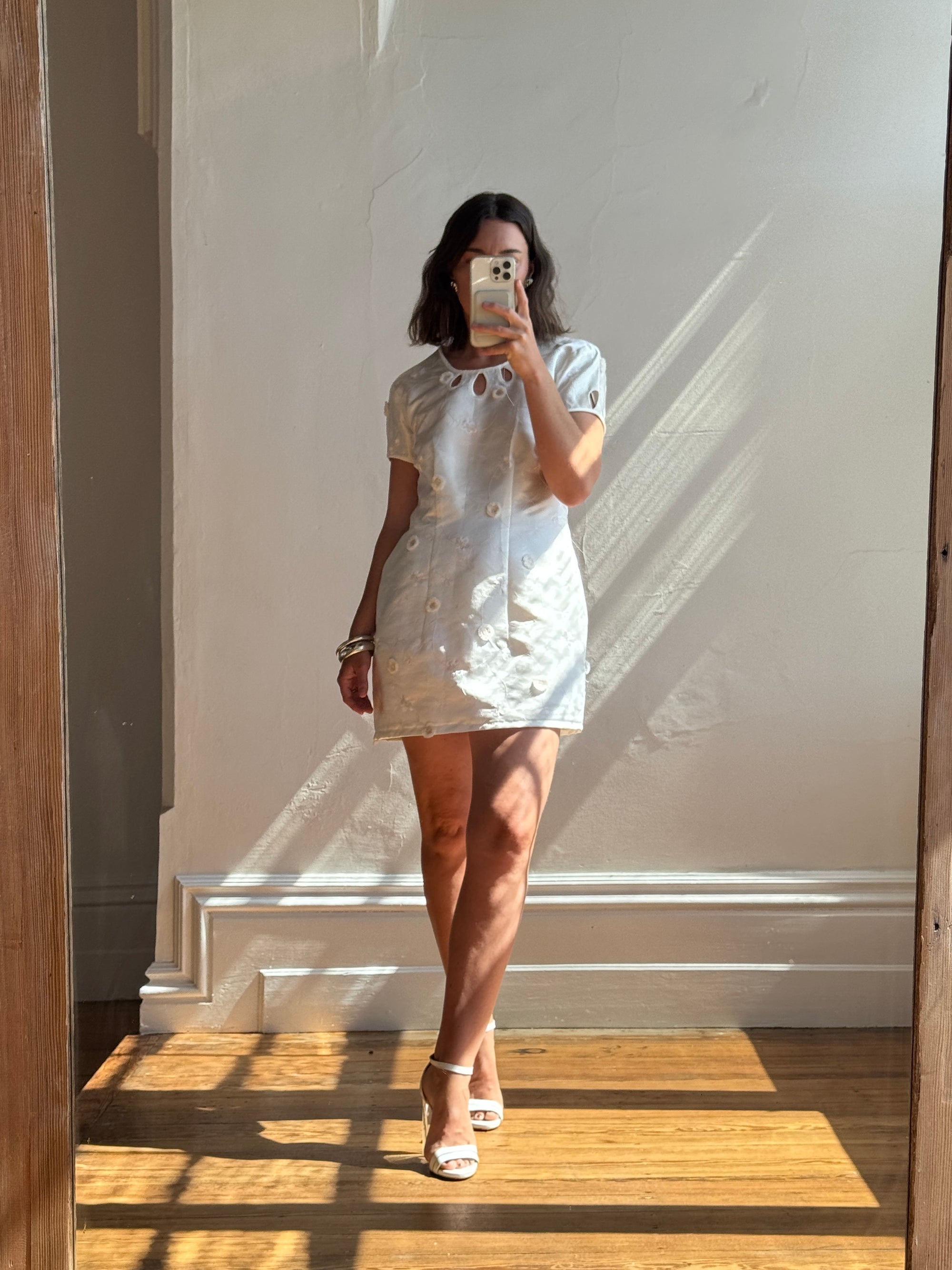 Vintage Ivory Satin Keyhole Embroidered Bridal Mini Dress