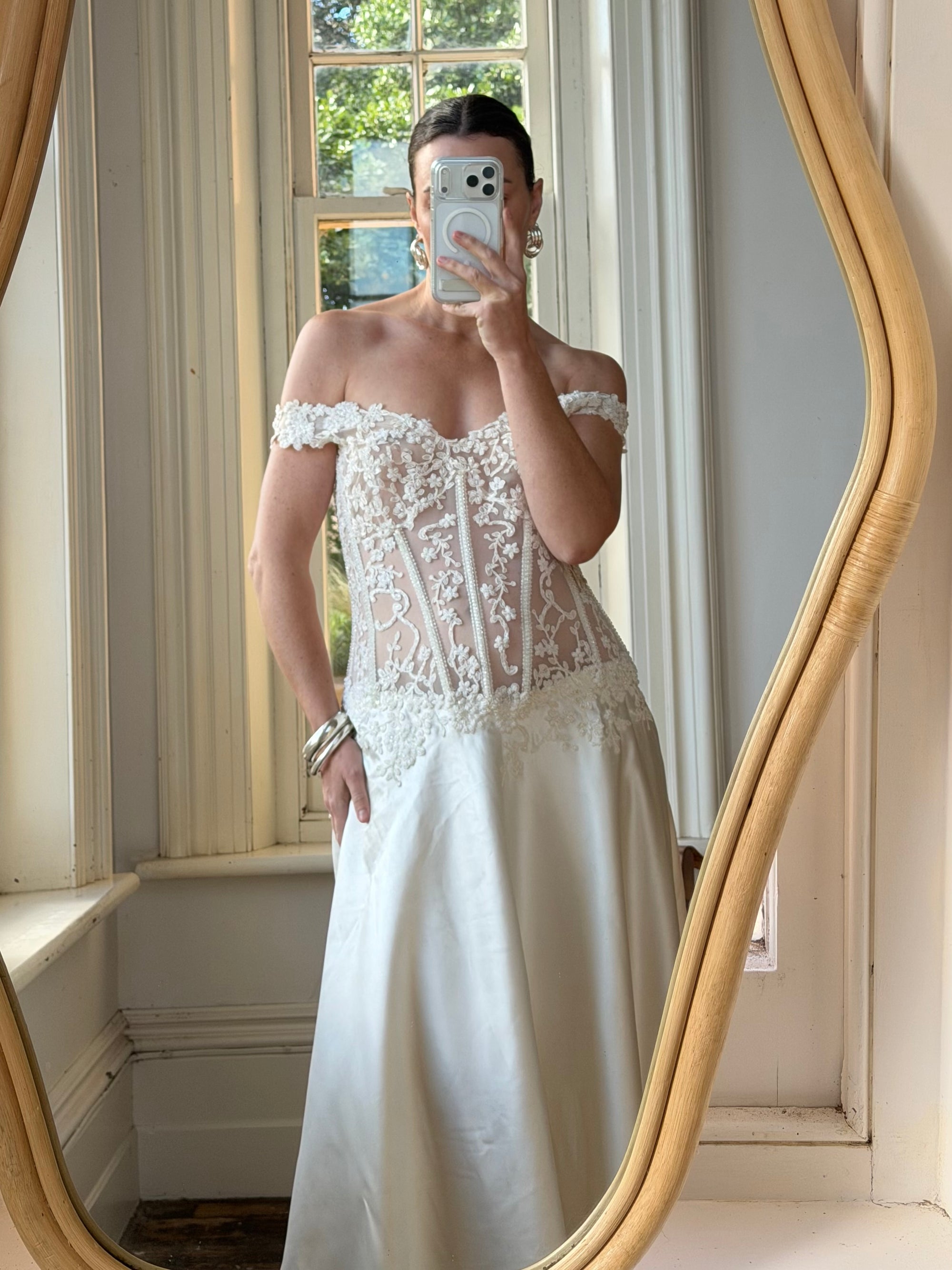 Vintage 90s Italian Naked Embroidered Satin Wedding Dress