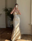 Vintage 90s Embroidered Waist Strapless Wedding Dress Creme