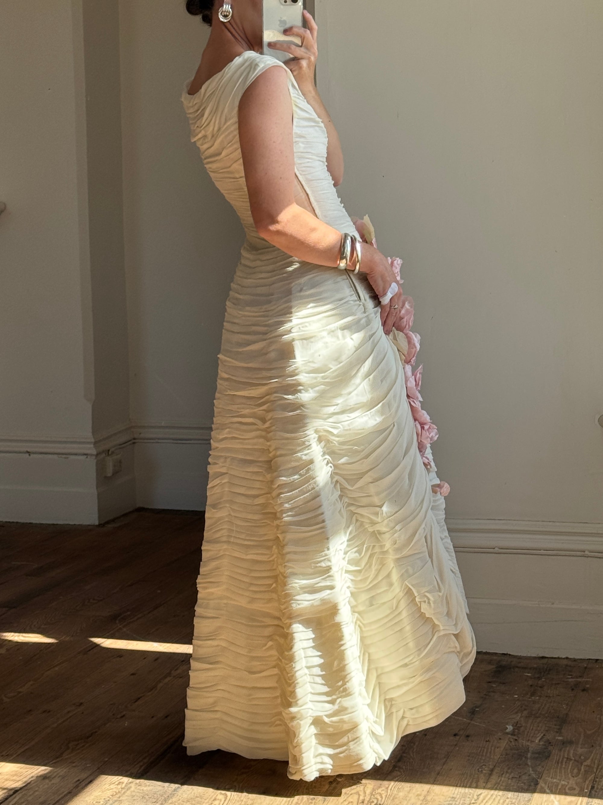 Vintage 60s Silk Pleated Wedding Gown with Pink Flowers