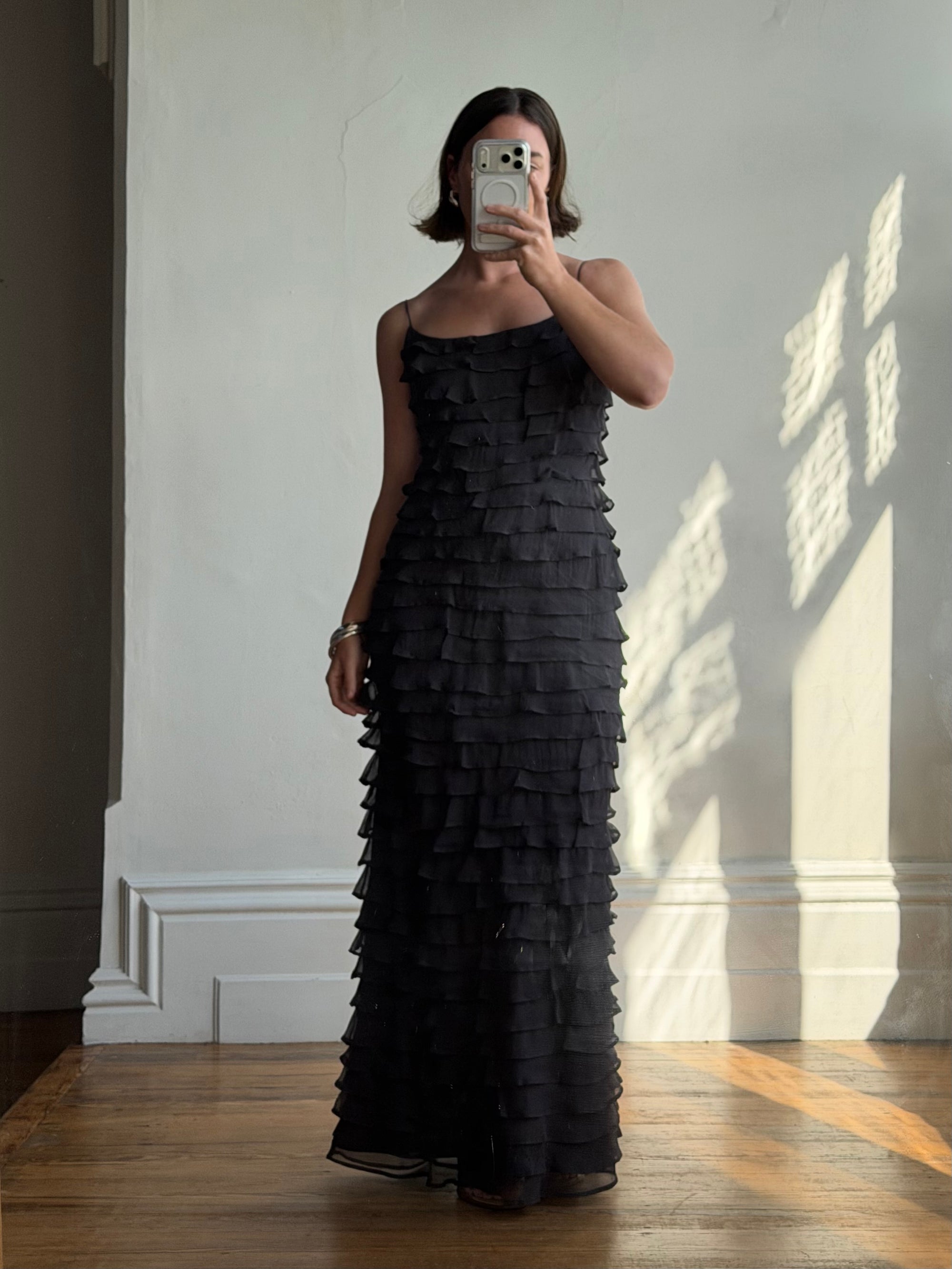 Vintage 90s Pure Silk Tiered Ruffle Dress Navy