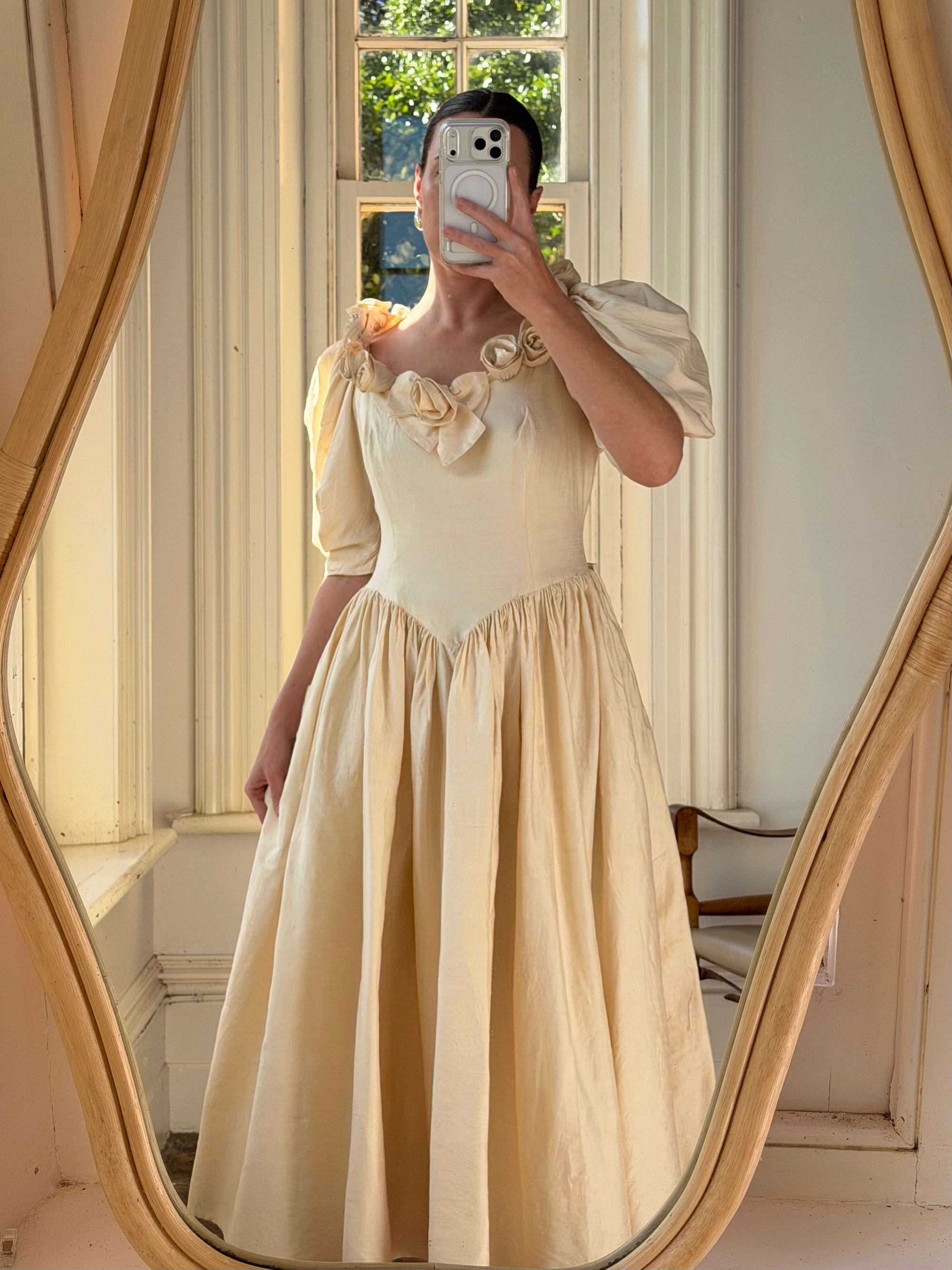 Vintage 90s Silk Dupion Rosette Bridal Midi Gown