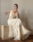 Vintage 70s Chiffon Rosette Wedding Dress Creme