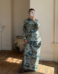 Vintage 70s Paisley Tapestry Long Sleeved Maxi Dress Blue