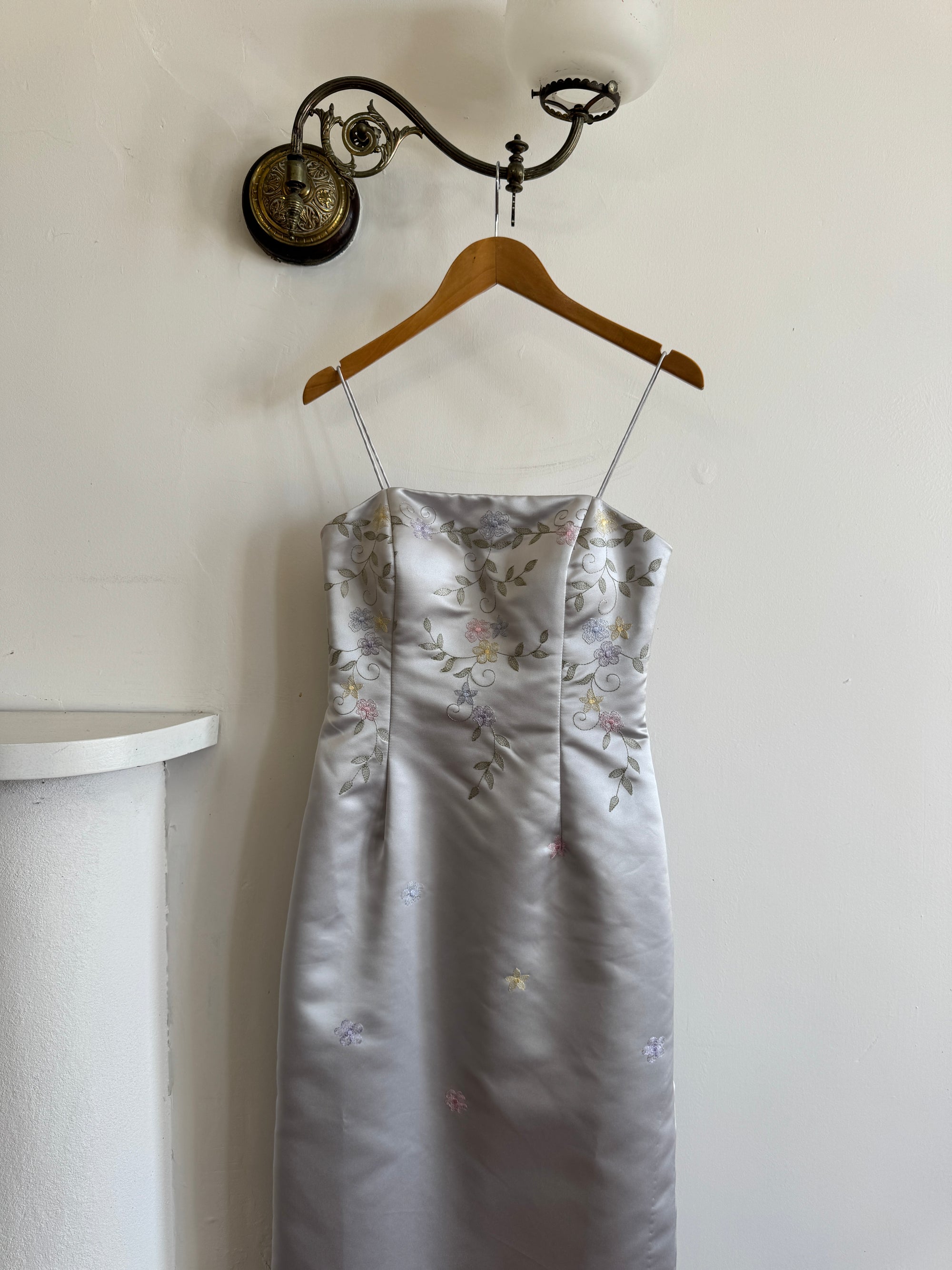 Vintage 90s Baby Blue Satin Embroidered Floral Column Midi