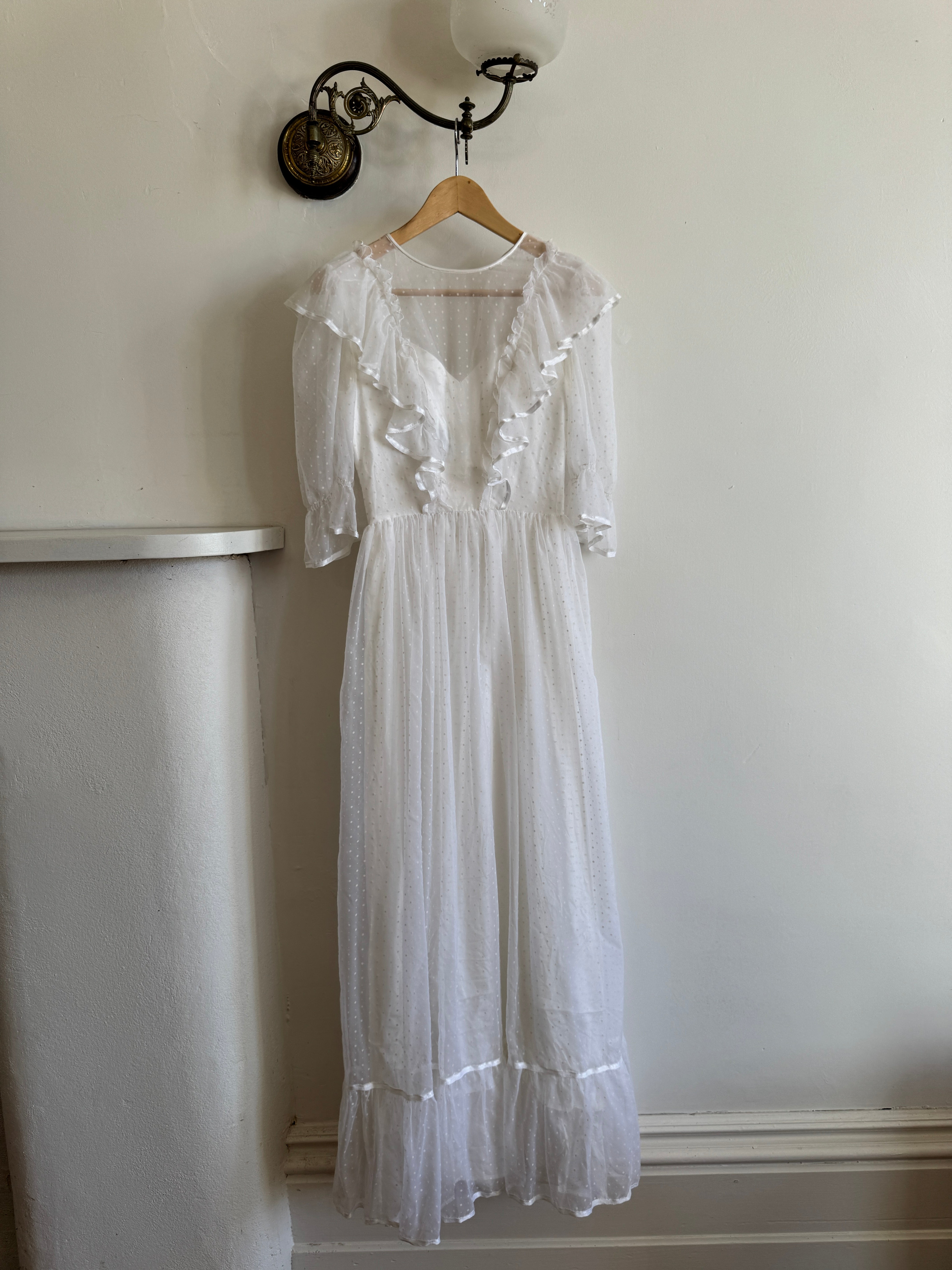 Vintage 70s Polka Chiffon Frill Wedding Dress