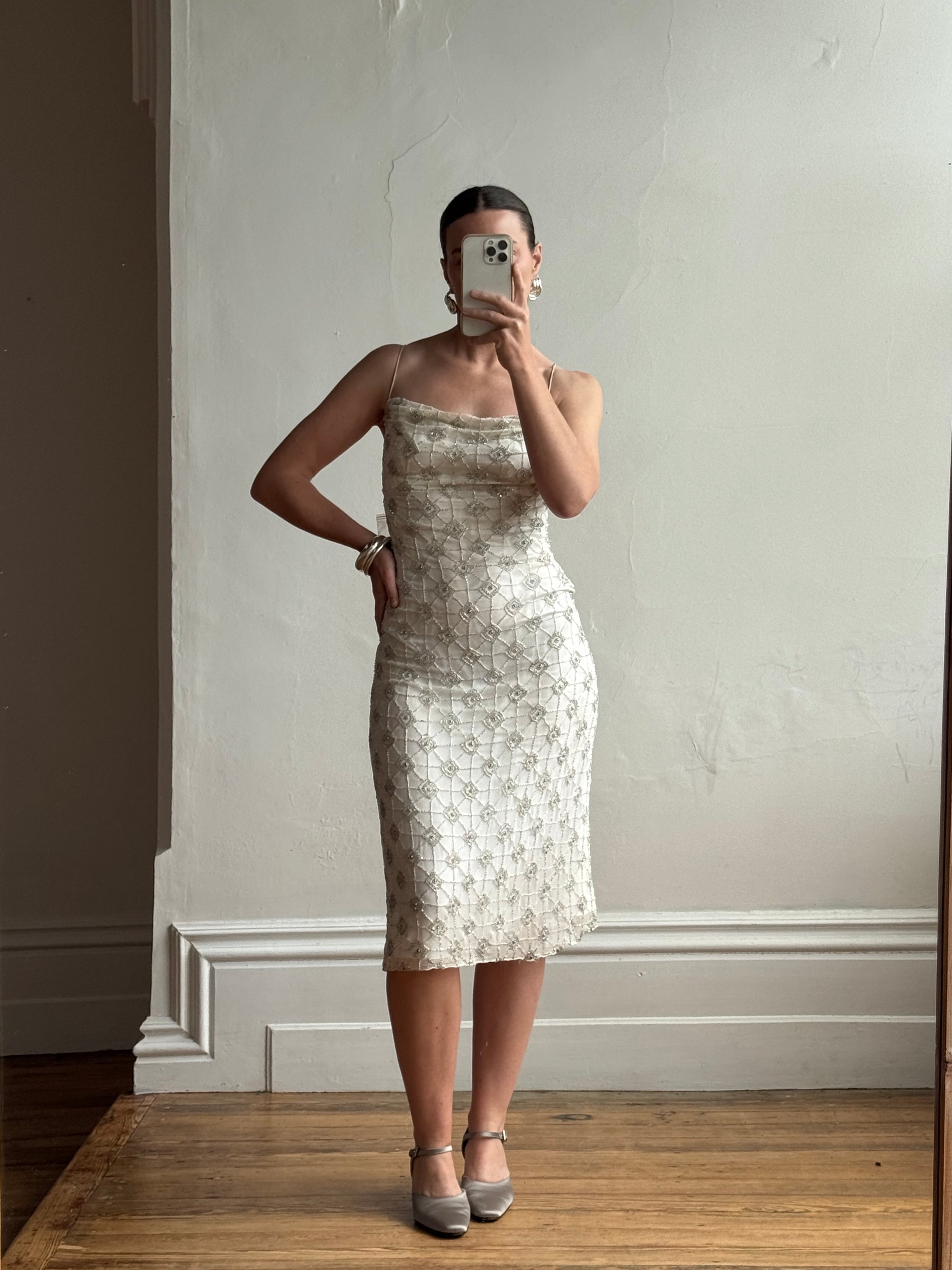 Vintage 90s Pure Silk Silver Beaded Tinsel Dress Ivory
