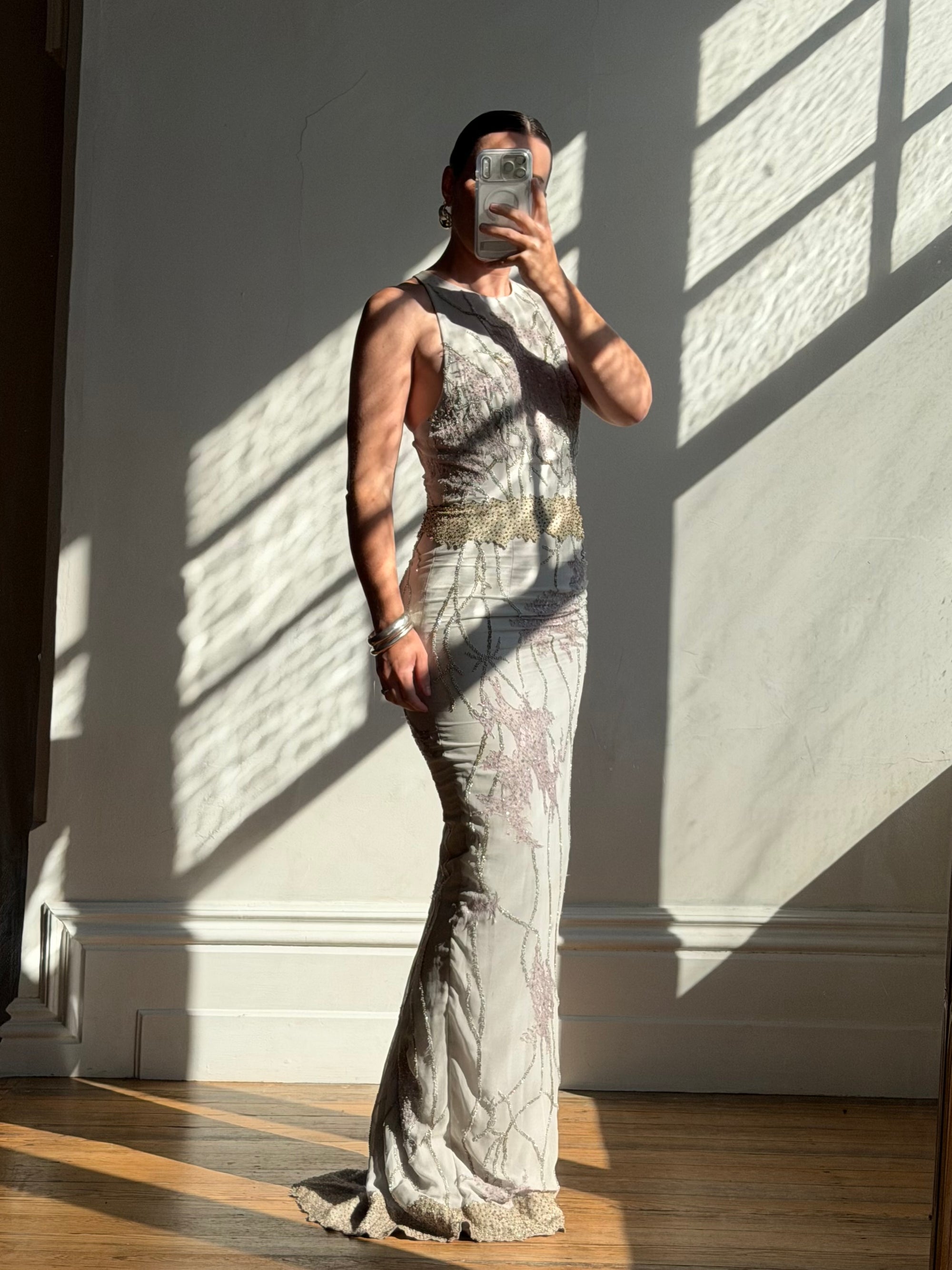 Vintage 90s Pure Silk High Front Embellished Lavender Gown