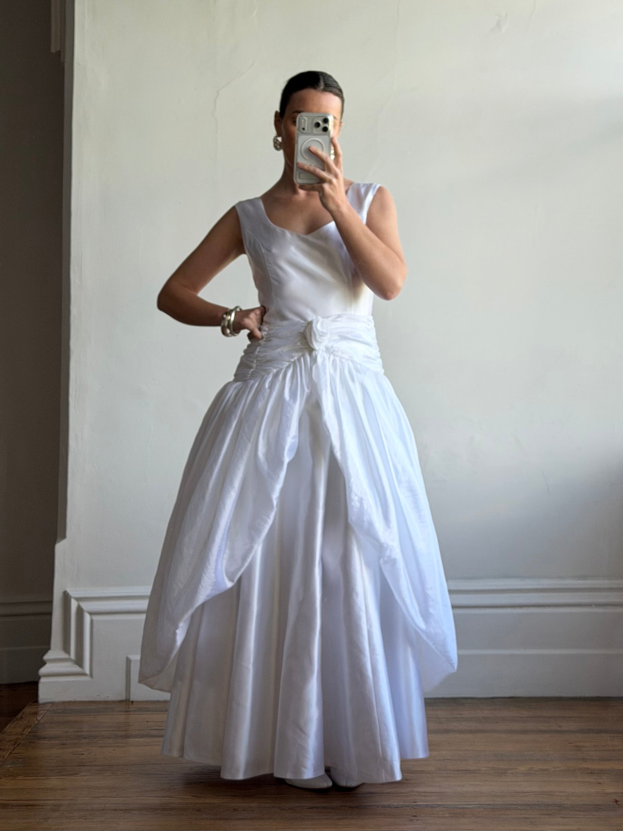 Vintage 90s Strappy Wedding Dress With Rosette Cape Pearl