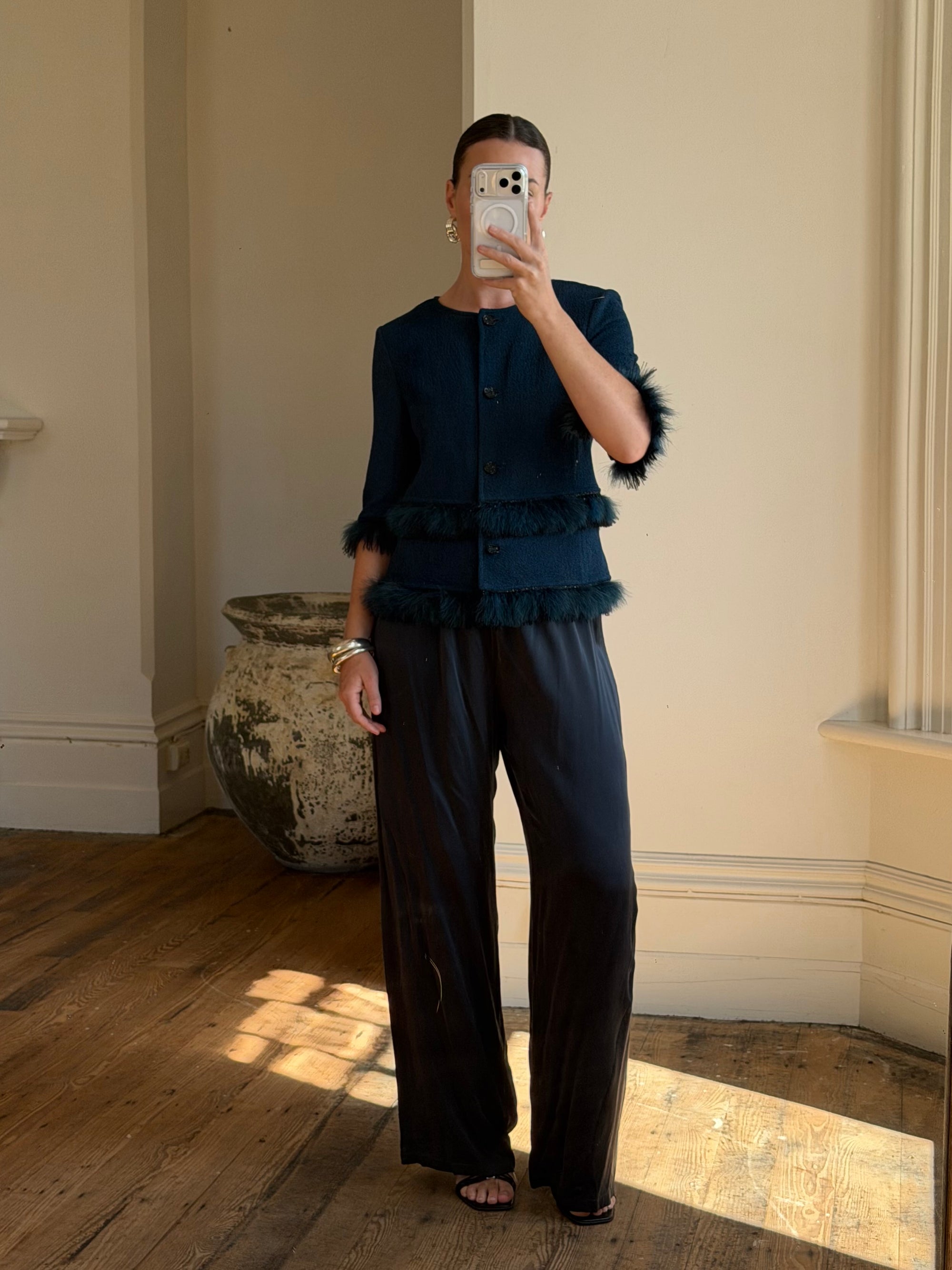 Vintage 90s Couture Ostrich Feather Jacket Navy