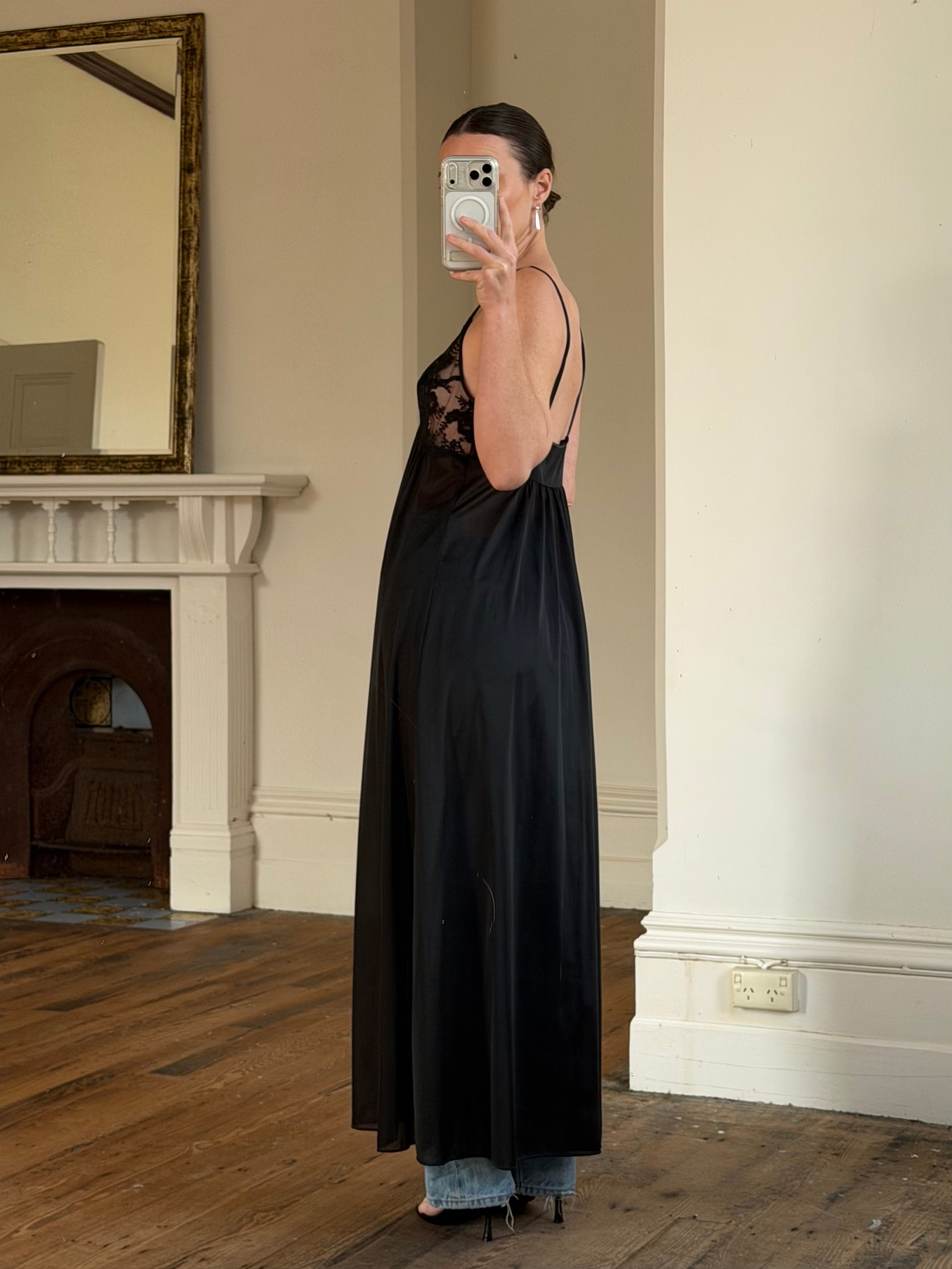 Vintage 80s Sheer Lace Slip Dress Noir