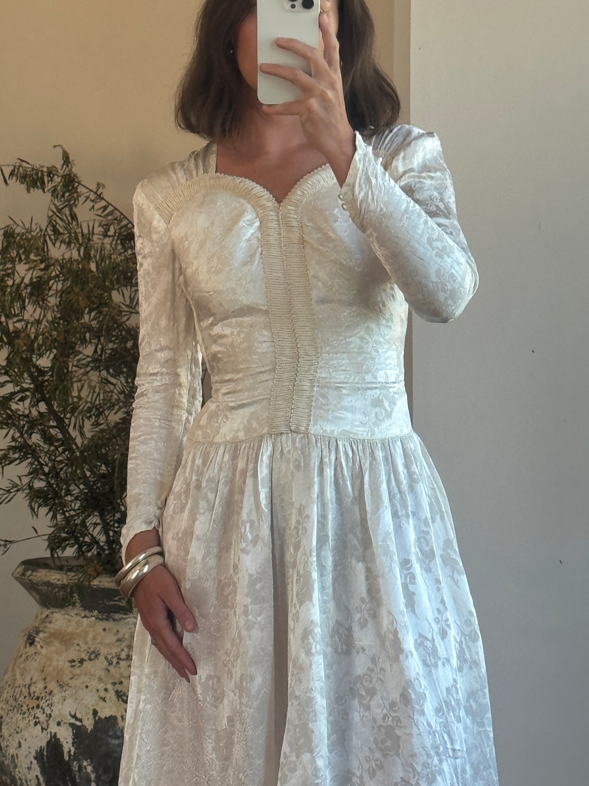 Vintage 40s Jacquard Long Sleeve Wedding  Dress