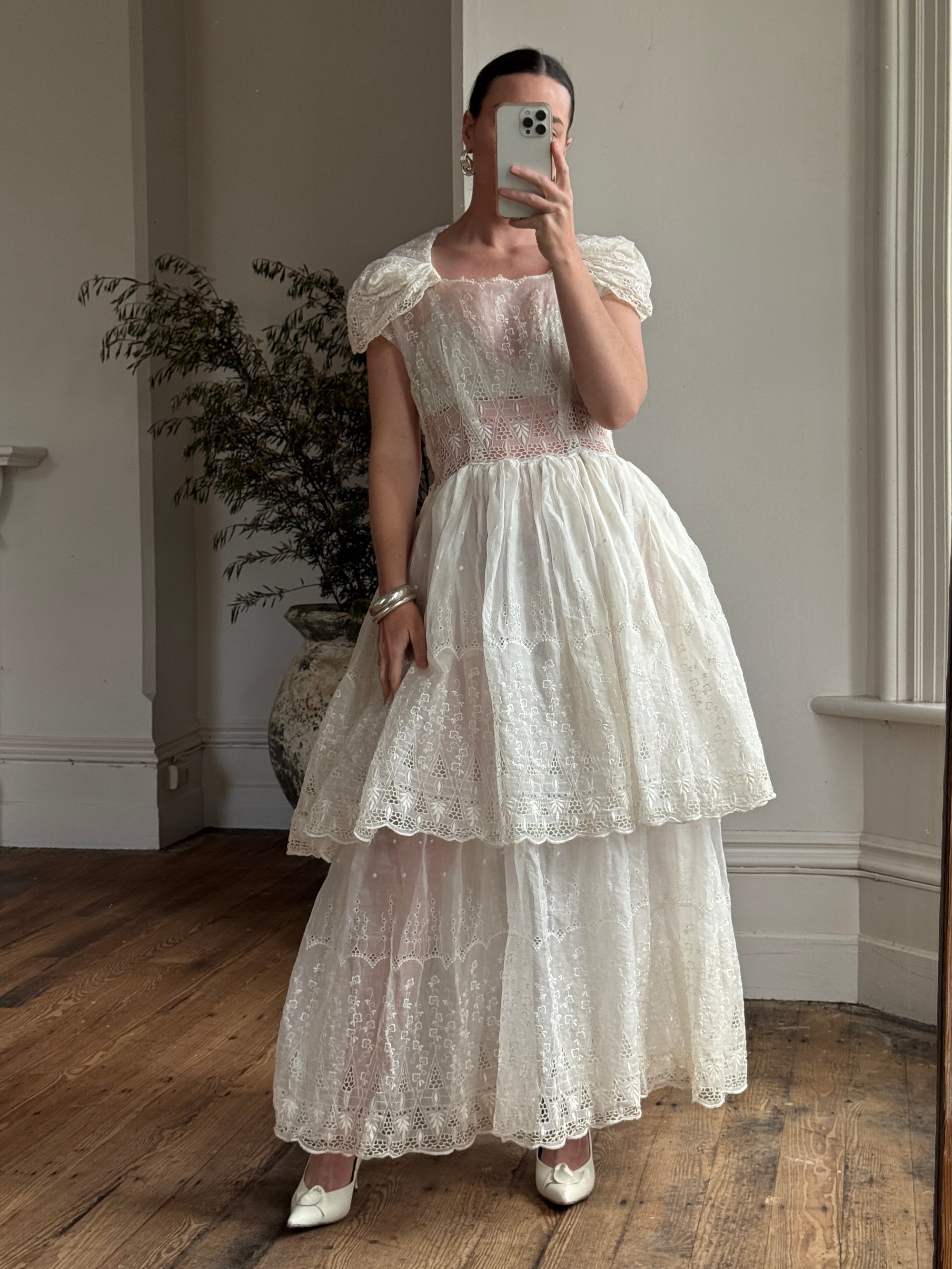 Vintage 50s Sheer Brodiere Anglaise Tiered Wedding Dress