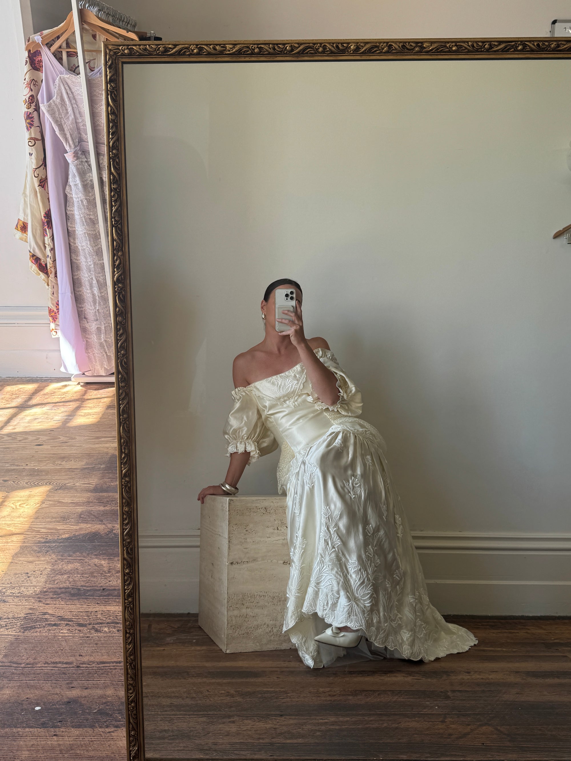 Vintage 80s Drop Waist Satin Jacquard Wedding Dress