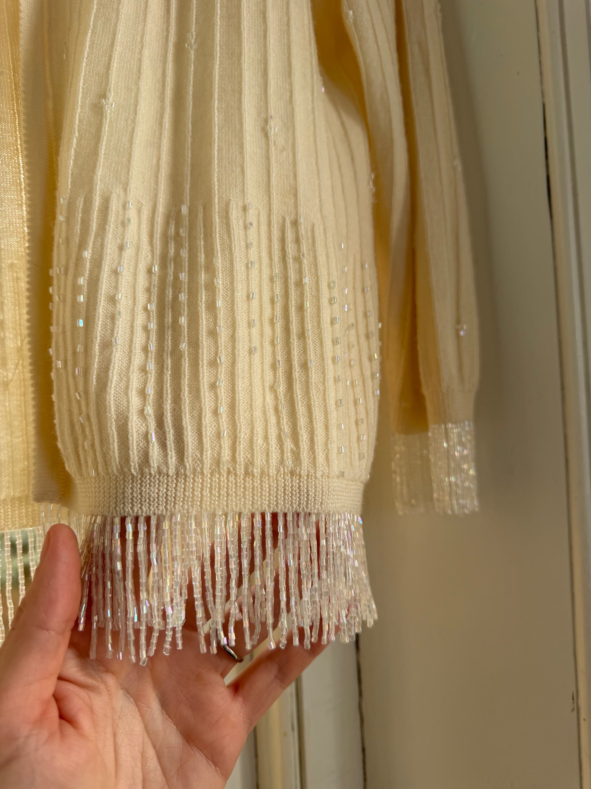 Vintage 60s Merino Wool Beaded Fringe Cardi and Tank Set
