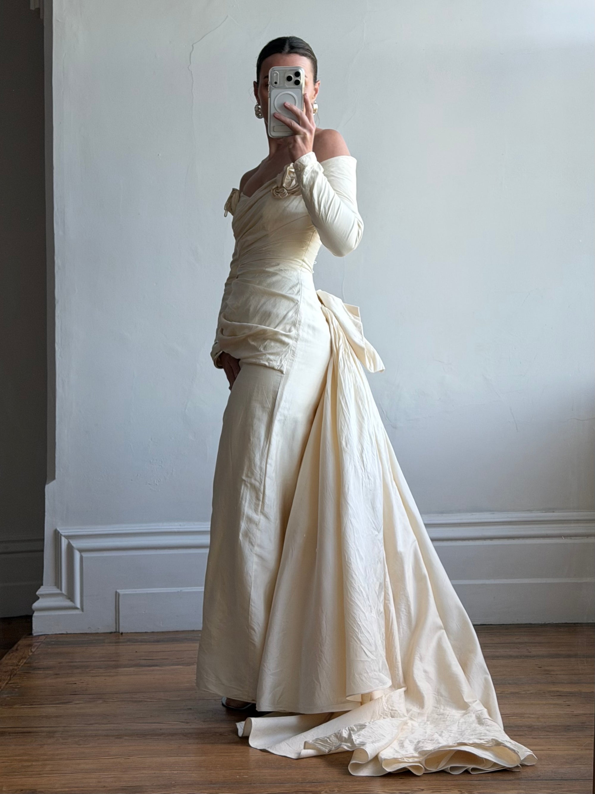 Vintage 90s Silk Rosette Off Shoulder Gown With Bow Train