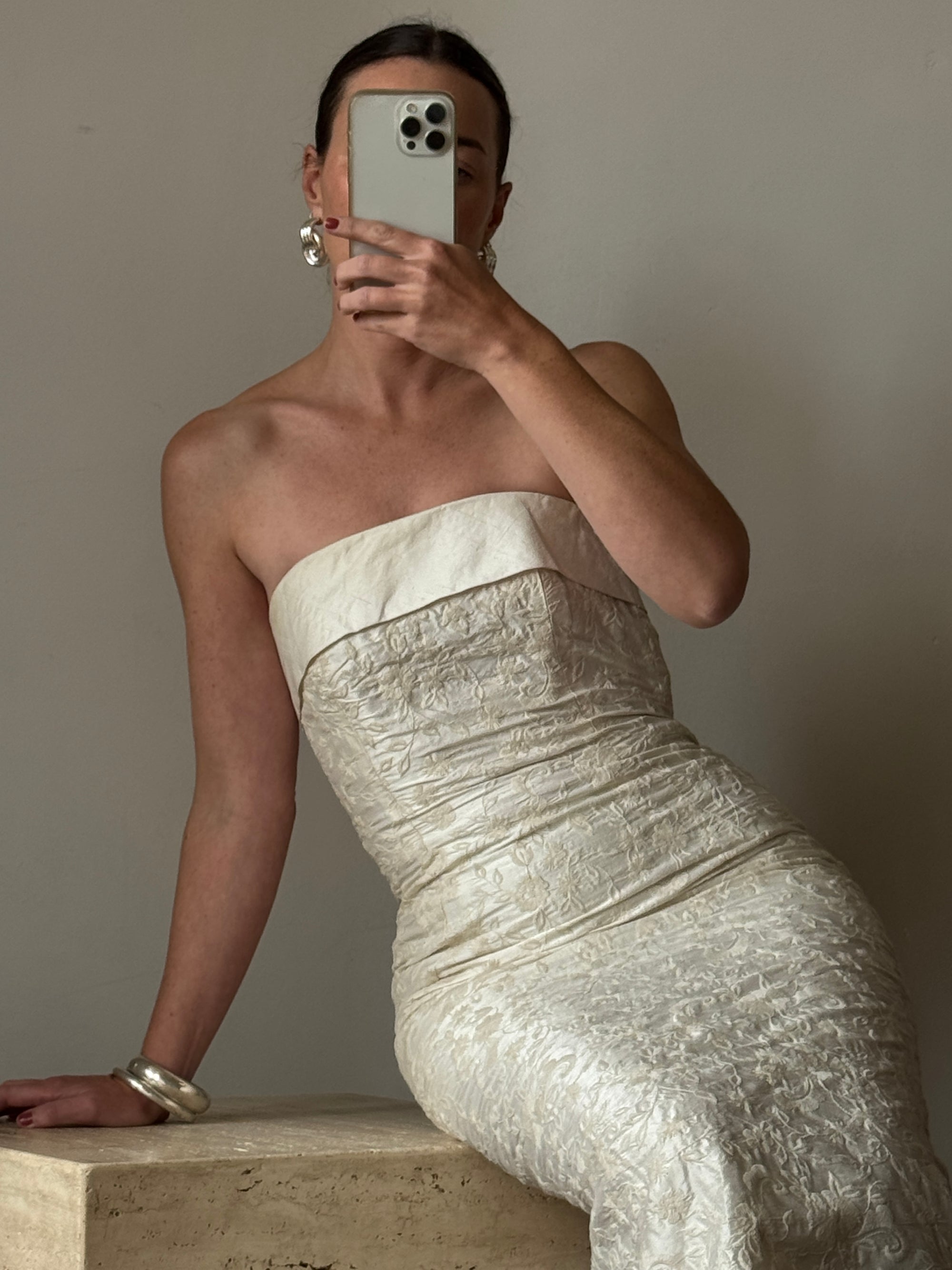 Vintage 90s Pure Silk Jacquard Strapless Bridal Midi