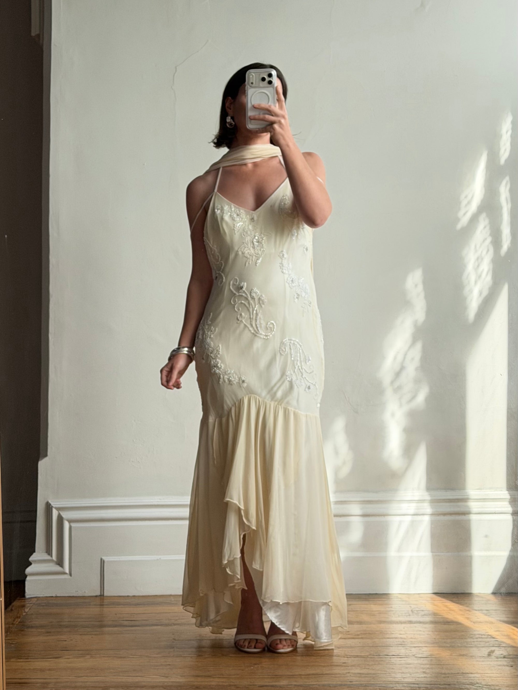 Vintage 90s Pure Silk Embellished Midi Dress With Scarf Creme