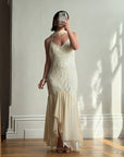 Vintage 90s Pure Silk Embellished Midi Dress With Scarf Creme